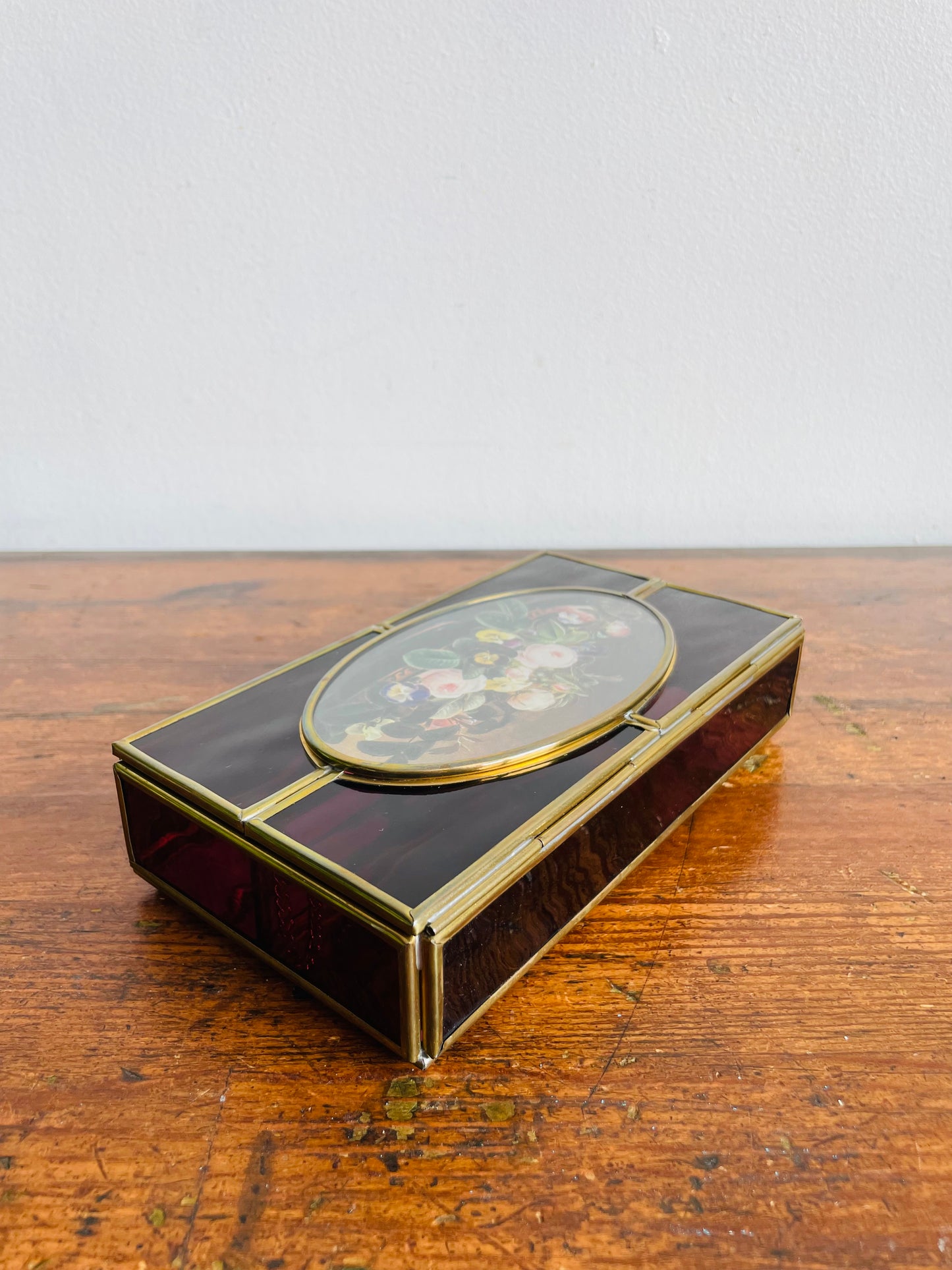Enesco Corporation Purple Glass & Brass Divided Sectional Jewellery Box with Flower Lid - Made in Mexico