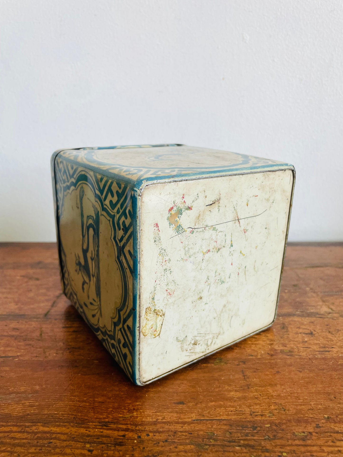 Vintage 1920s Blue & White Delft Tin with Dutch Fox, Rabbit, Dog & Man Design
