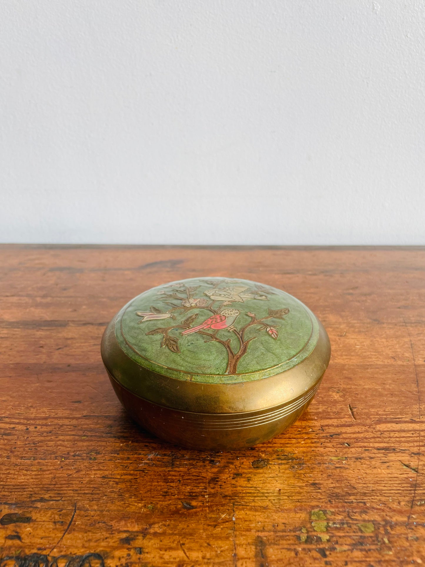 Round Solid Brass Trinket Jewellery Box with Enamelled Lid & Bird Design - Made in India