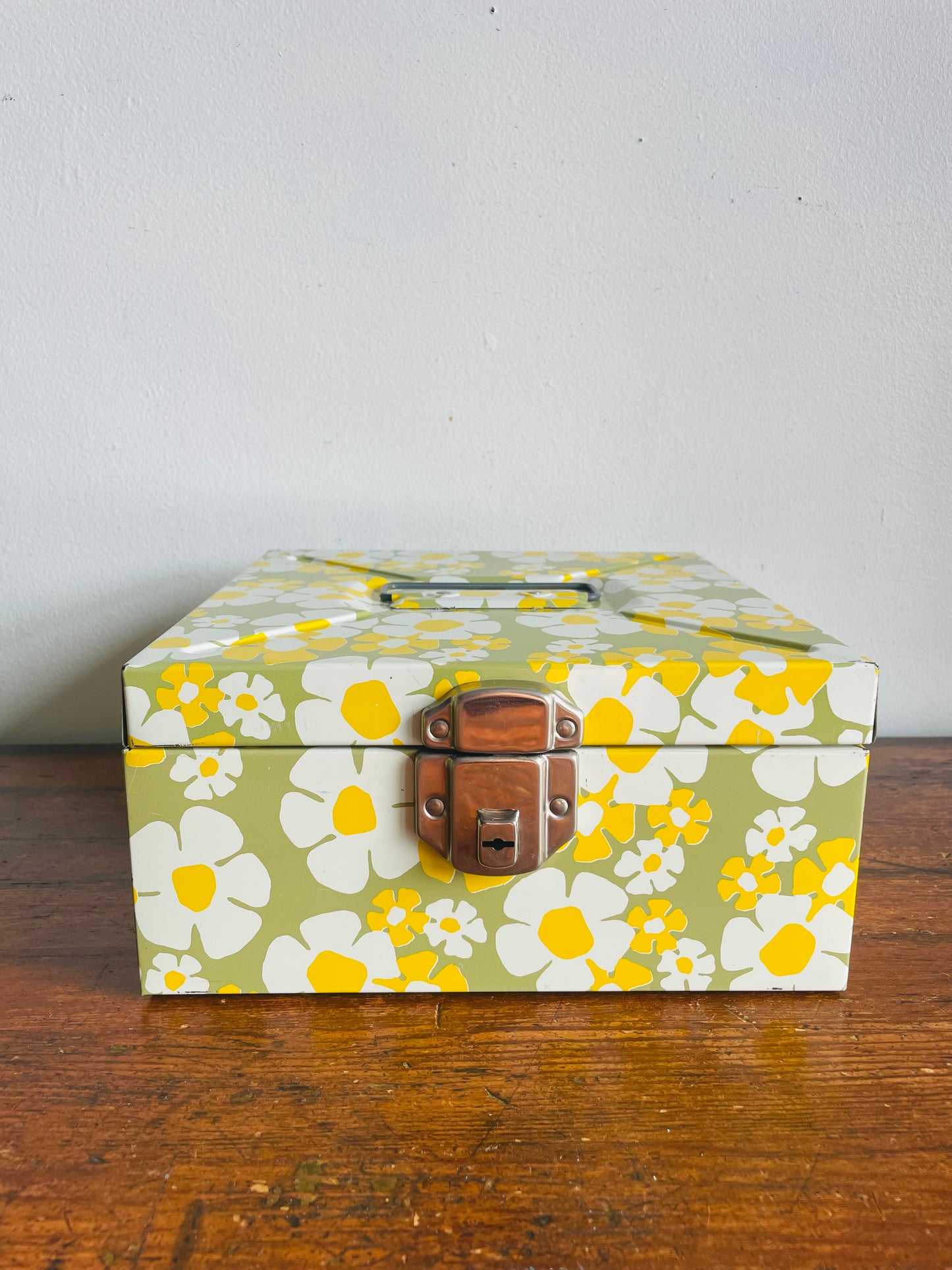 Vintage Flower Power Metal Filing Storage Box with Handle & Latch to Close - Has a Movable Tray Divider Inside
