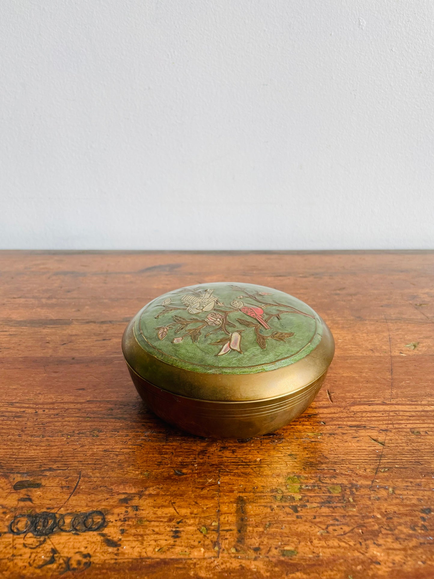Round Solid Brass Trinket Jewellery Box with Enamelled Lid & Bird Design - Made in India