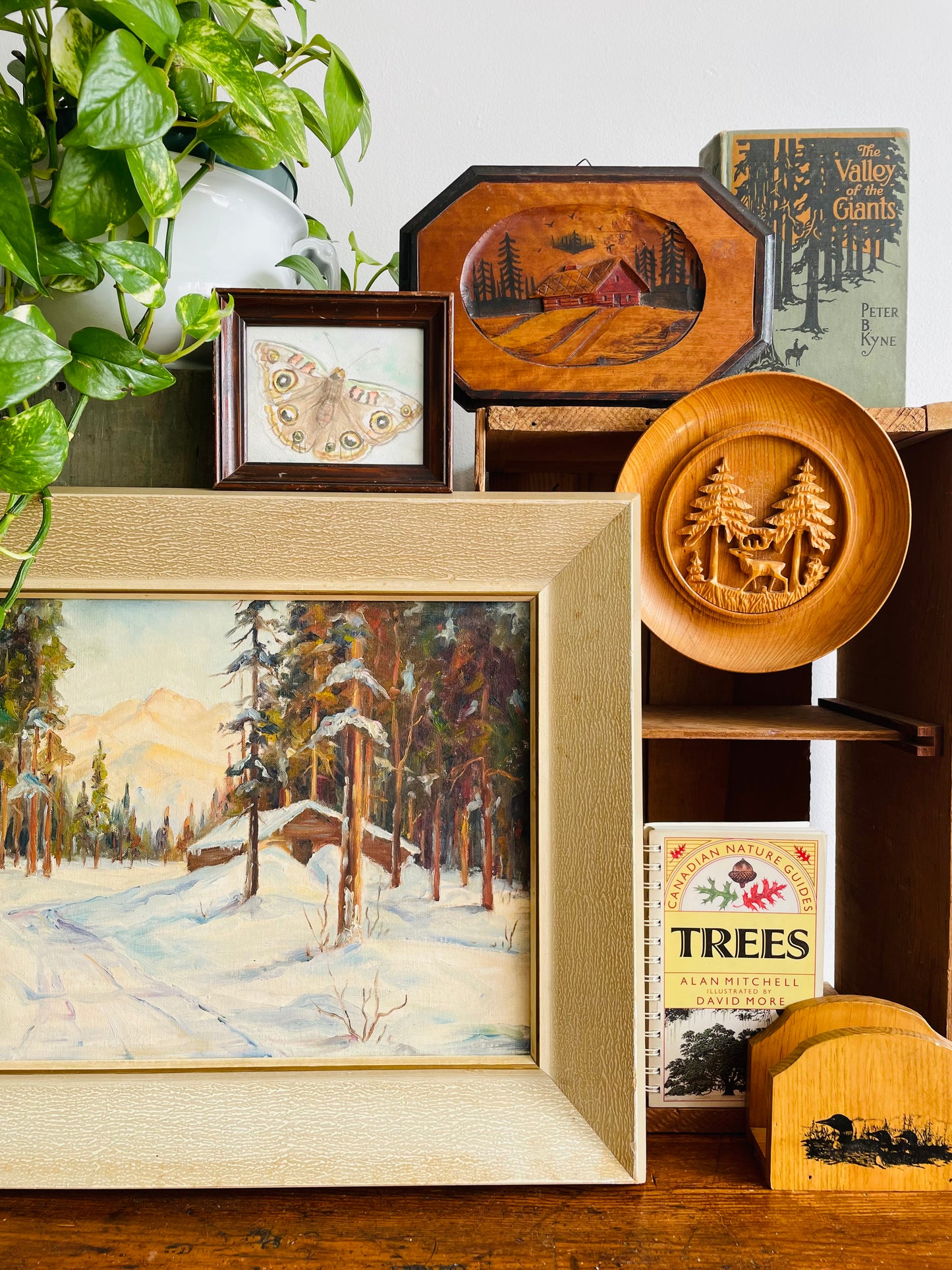 Red Cabin in Forest Picture - Carved from a Single Piece of Wood