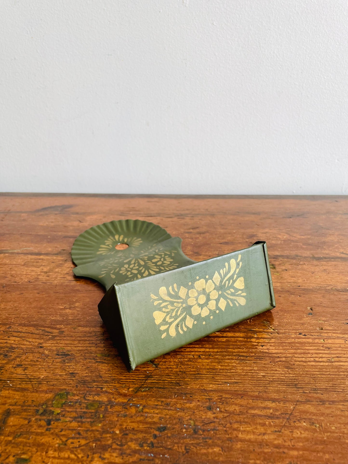 Antique 1880 Green Tin Toleware Match Safe - Wall Hanging Holder with Gold Flower Stencilled Design