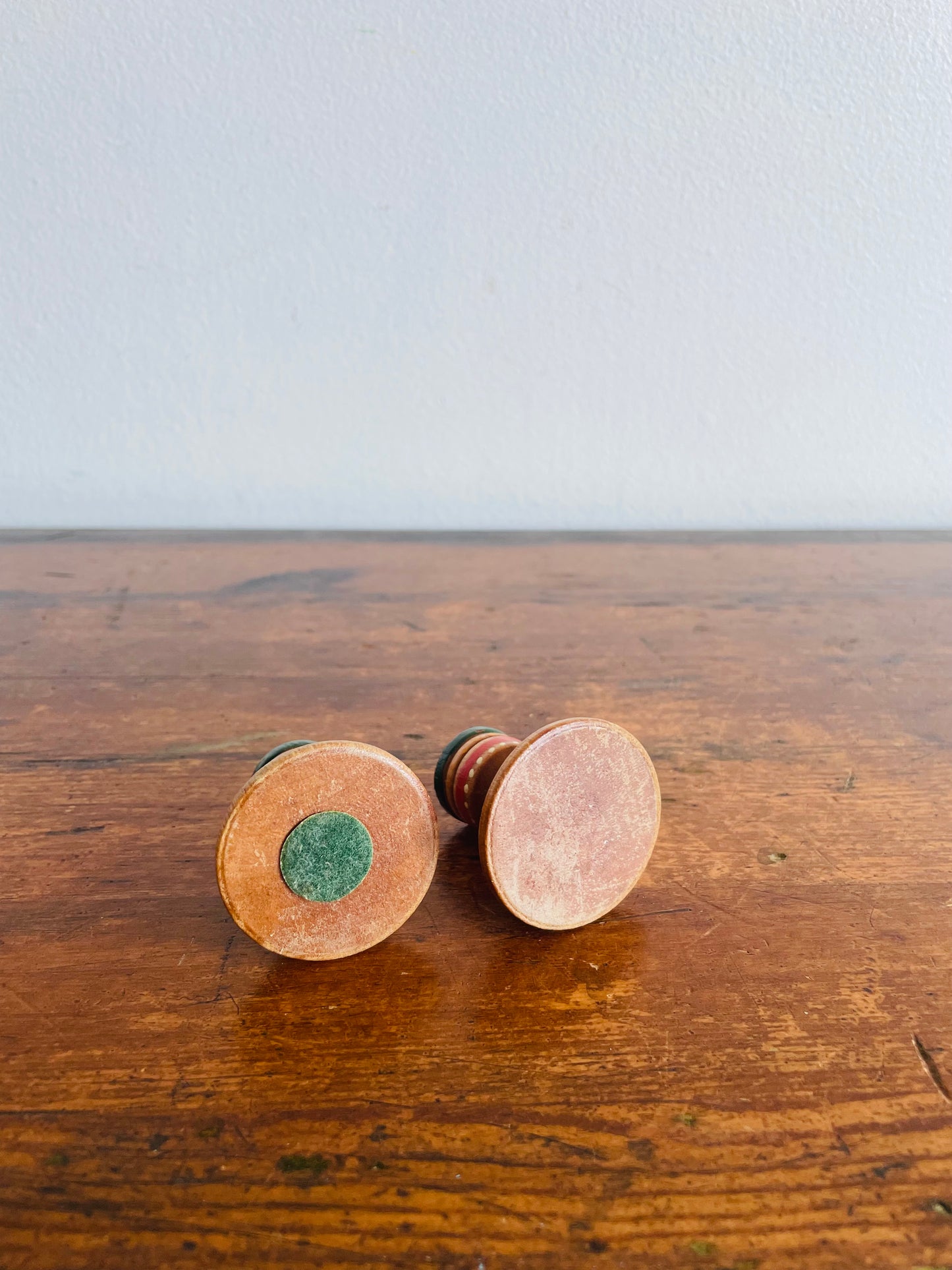 Miniature Hand Painted Wood Candlestick Holders with Folk Art Design - Set of 2