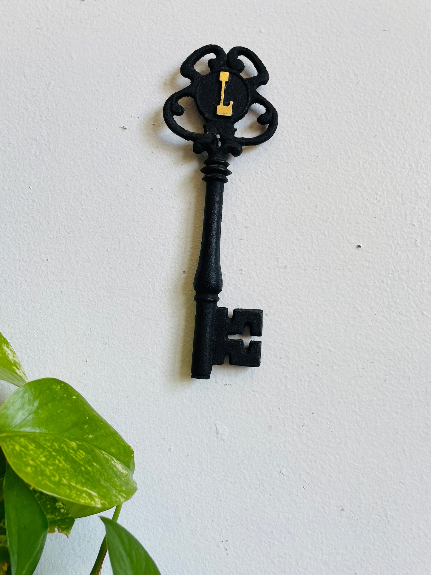 Large Black Cast Iron Skeleton Key Monogrammed with a Gold Letter L