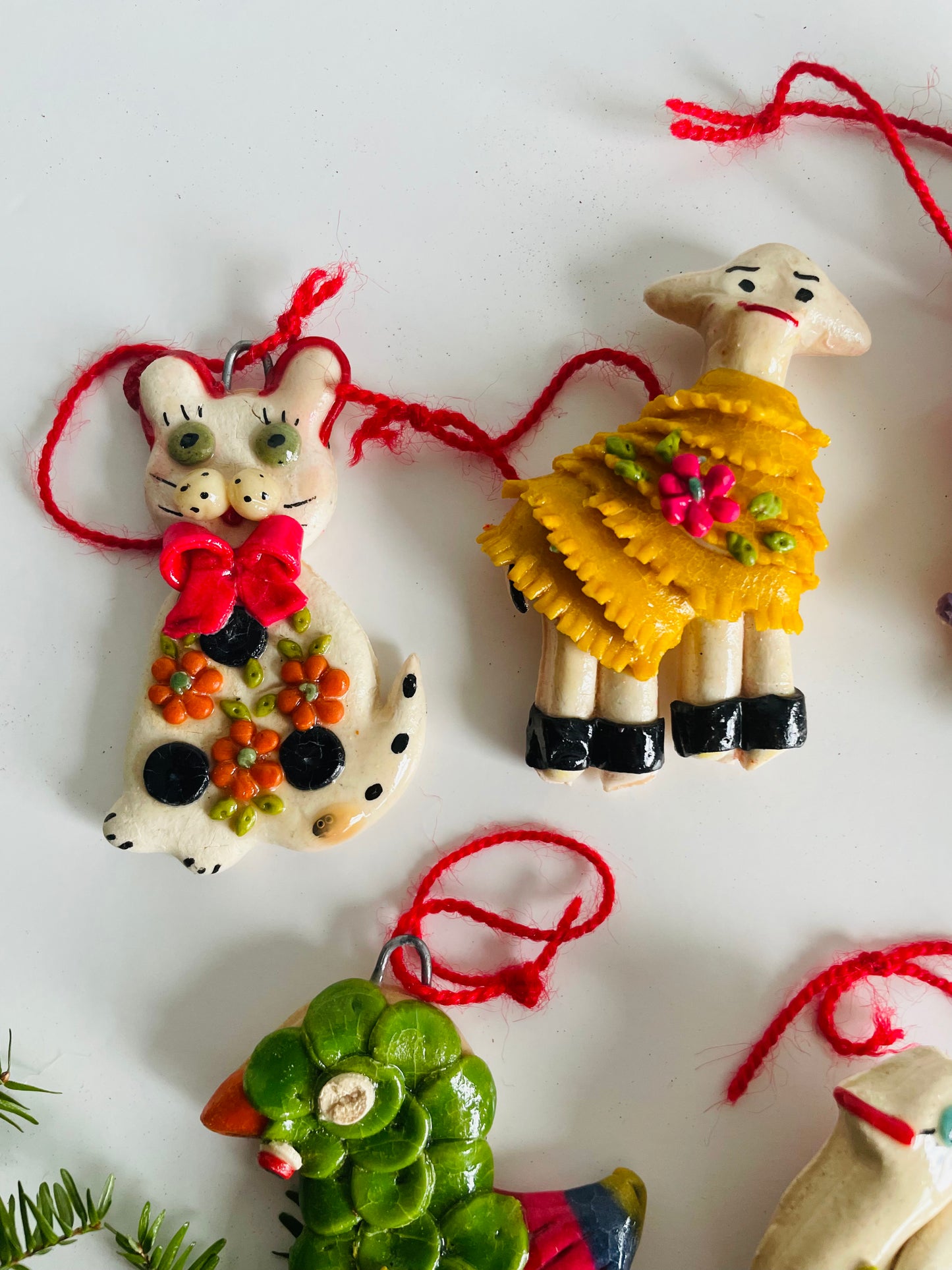 Handmade Salt Dough Folk Ornaments - People, Cat, Dove, Sheep, Parrot - Set of 6