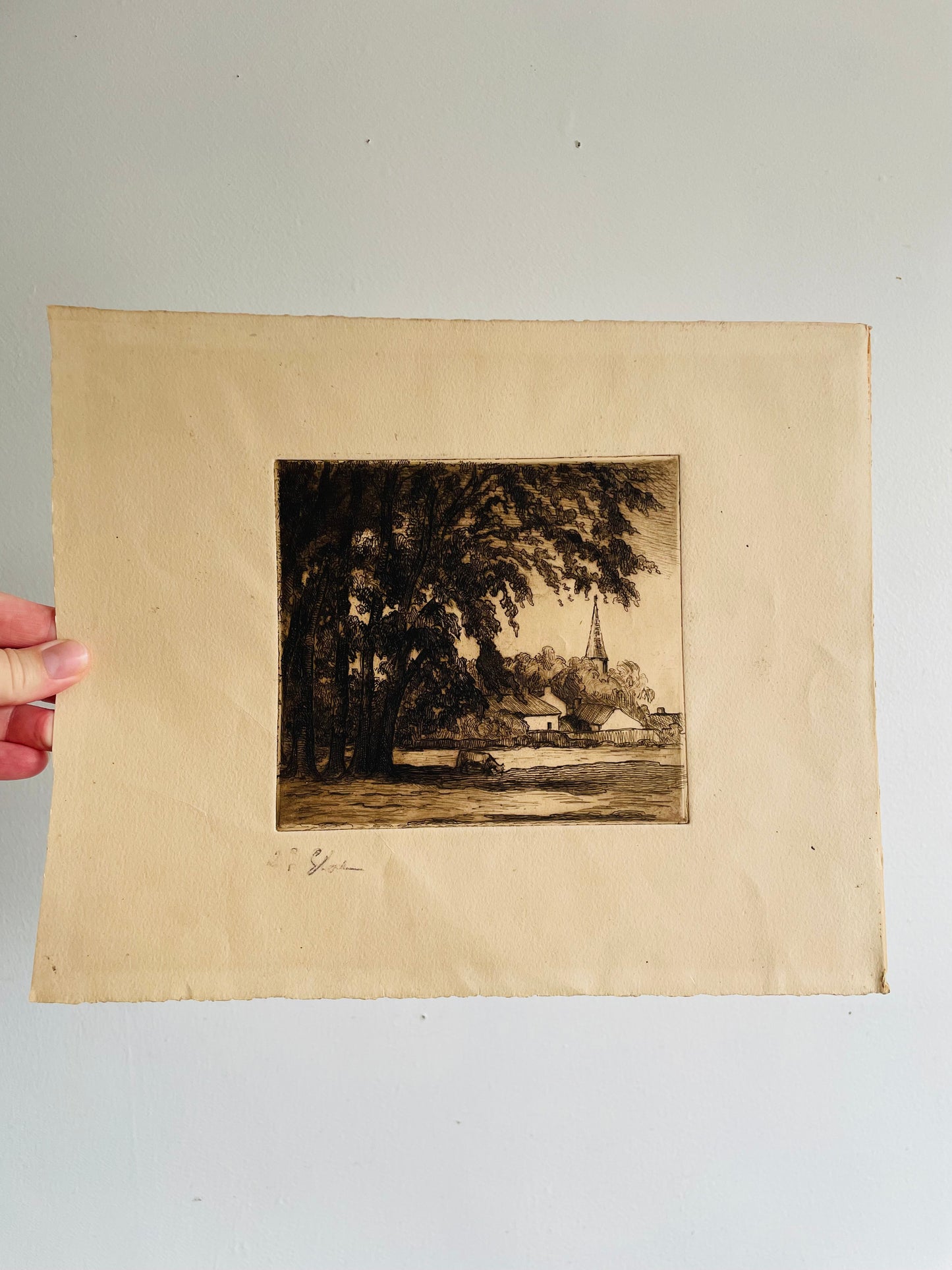 Etched Picture of Cow Grazing Under Tree with Town & Steeple in Background - Artist Signed