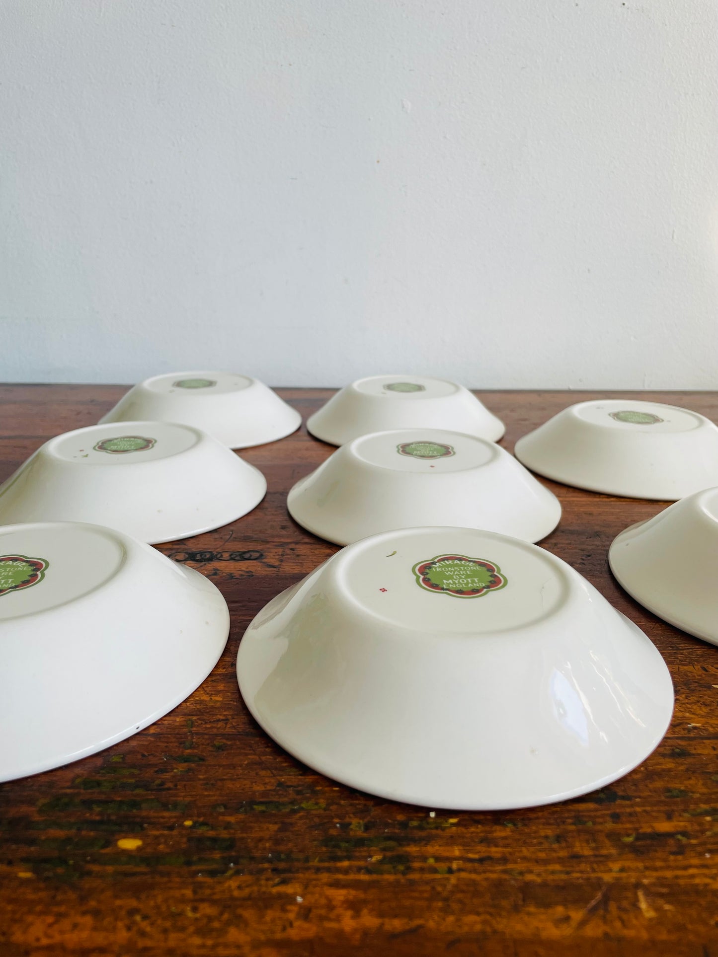 Vintage 5.5" Shallow Snack Bowls with Groovy Orange, Yellow & Green Flower Power Pattern - Mirage Ironstone Ware by Myott - Set of 8 - Made in England