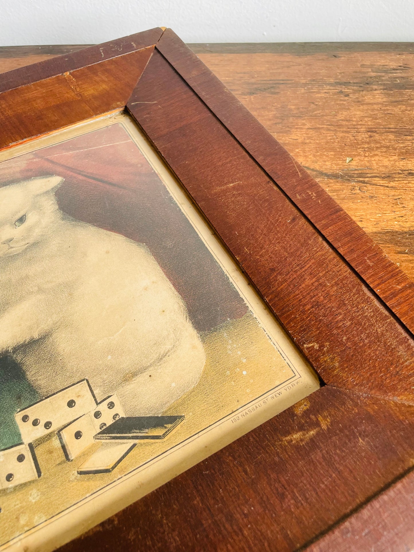 Antique Print Picture of Naughty Cats Knocking Over Dominoes - Currier & Ives 'My Little White Kitties - Playing Dominoes'