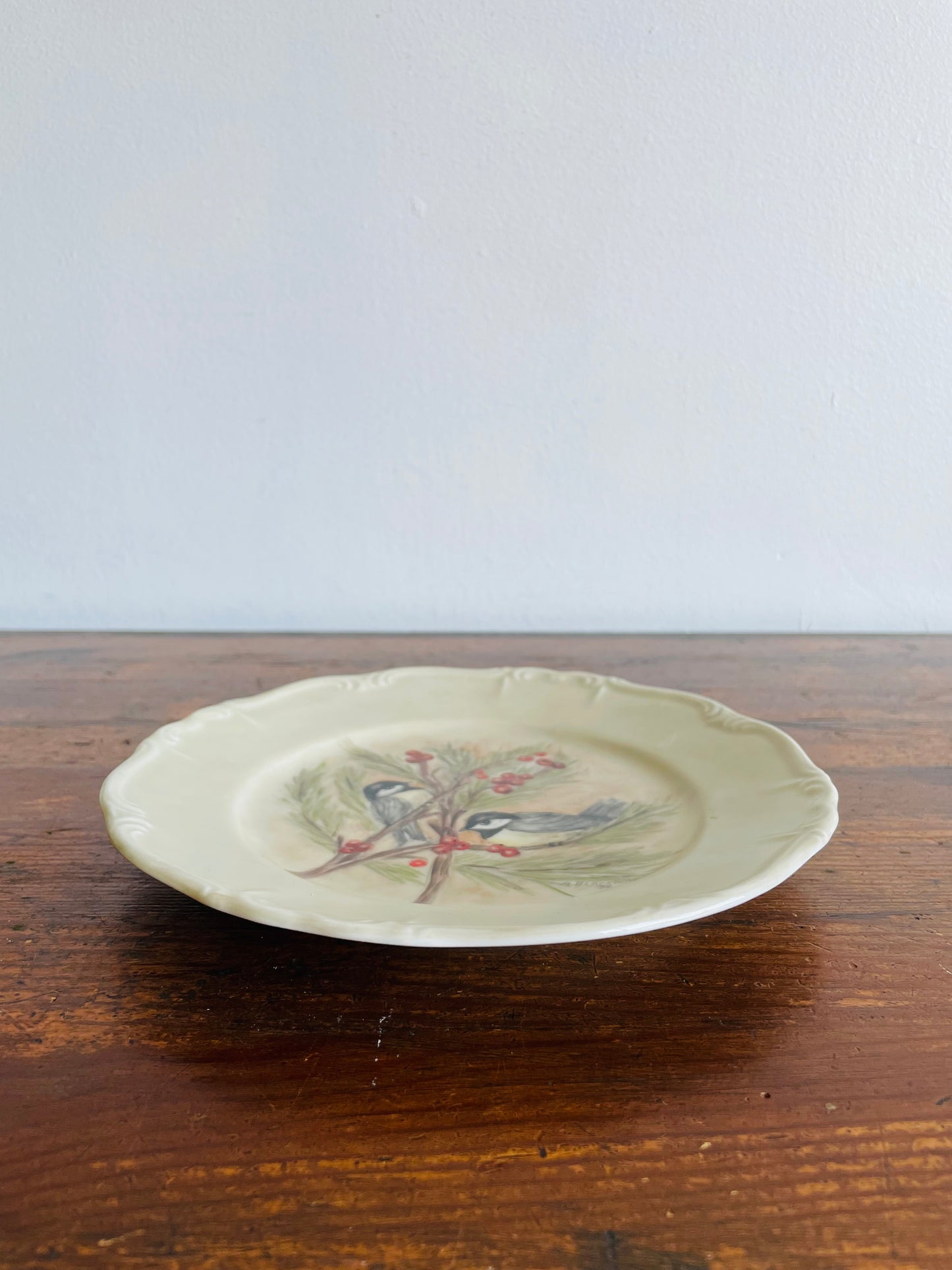 Edelstein Bavaria Maria-Theresia Germany Plate - Hand Painted with Chickadee Bird Winter Scene by A. Blackburn in 1978