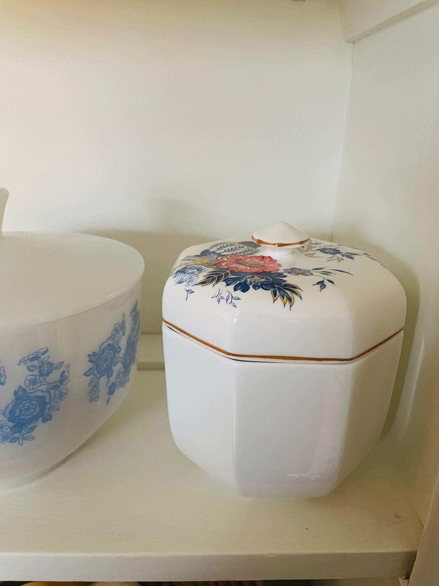 Crown Staffordshire Penang Fine Bone China Octagon Biscuit Canister Jar with Lid