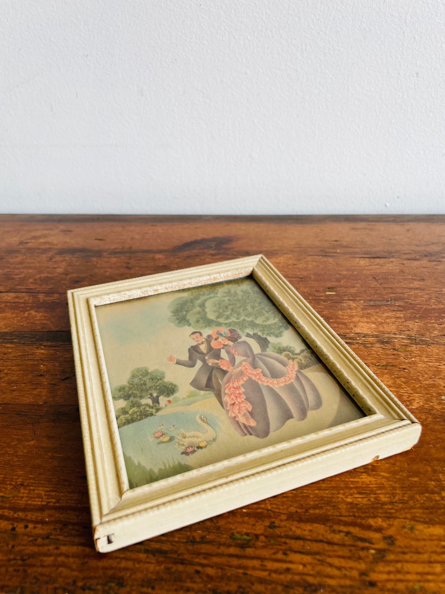 Lithograph Print Picture of Man & Woman in Purple Victorian Dress Beside Lake with Swan