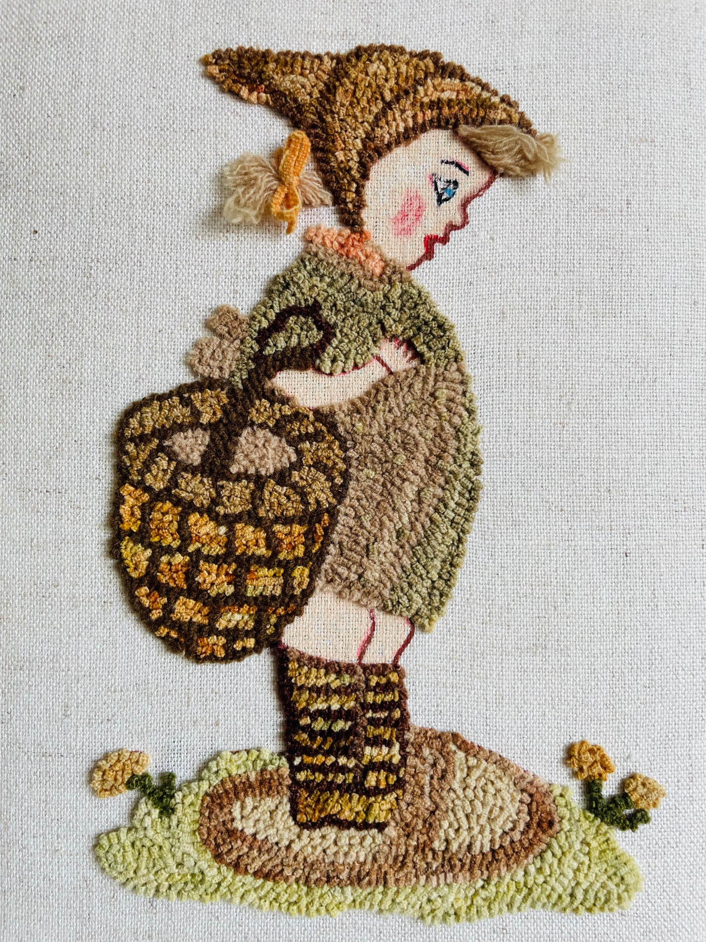 Woodland Forager Girl Rug Hook Embroidery Picture - October 1979