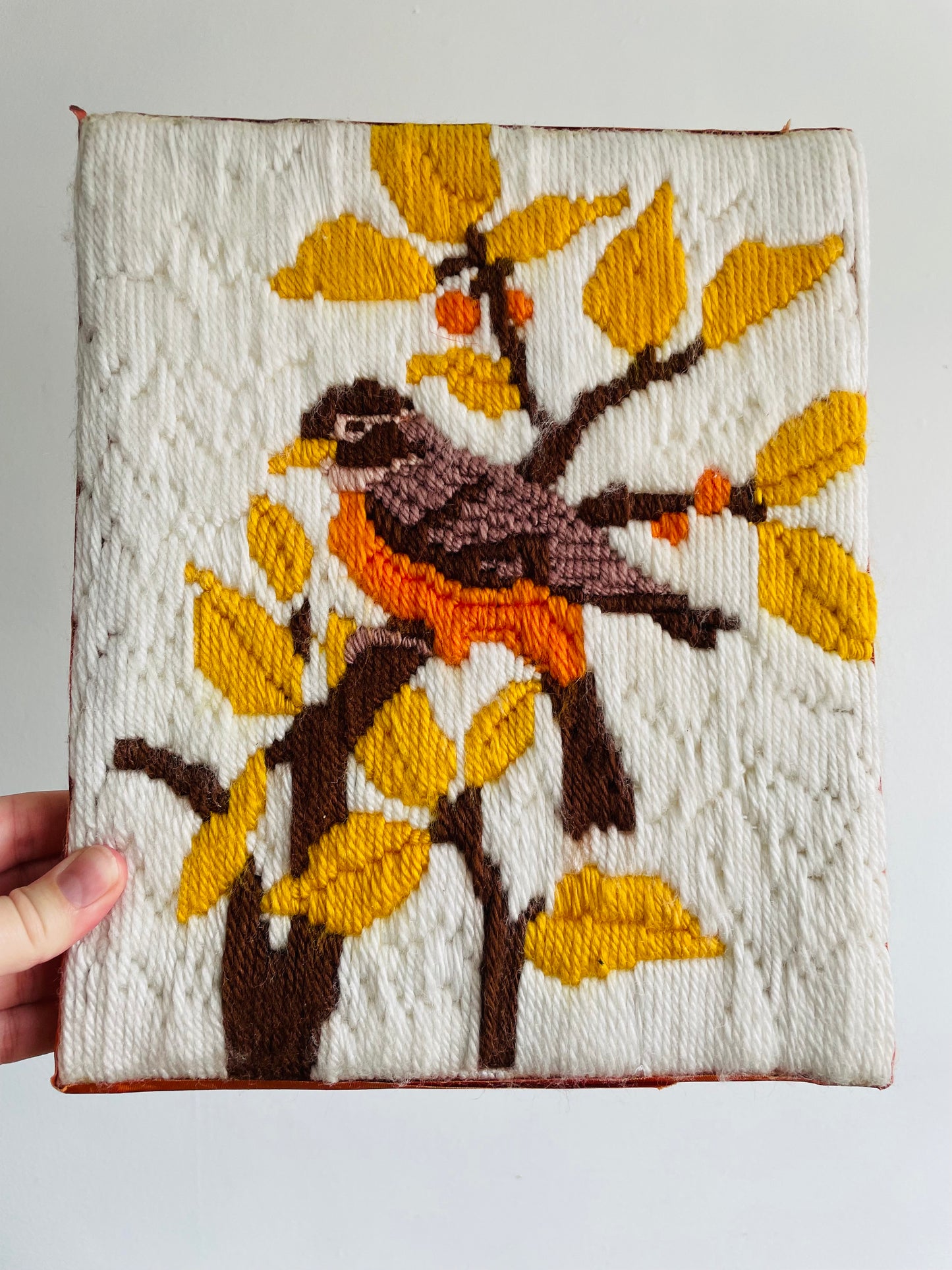 Crewel Embroidery Picture of Robin Bird in Tree