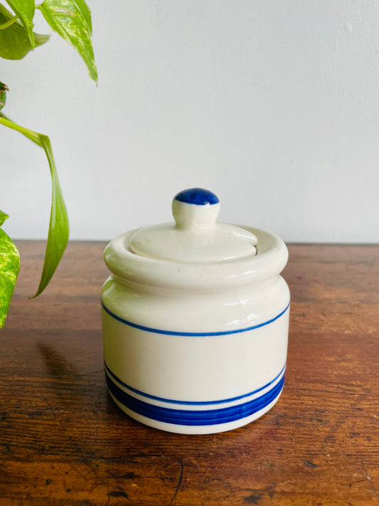 White & Blue Striped Sugar or Jam Crock Jar
