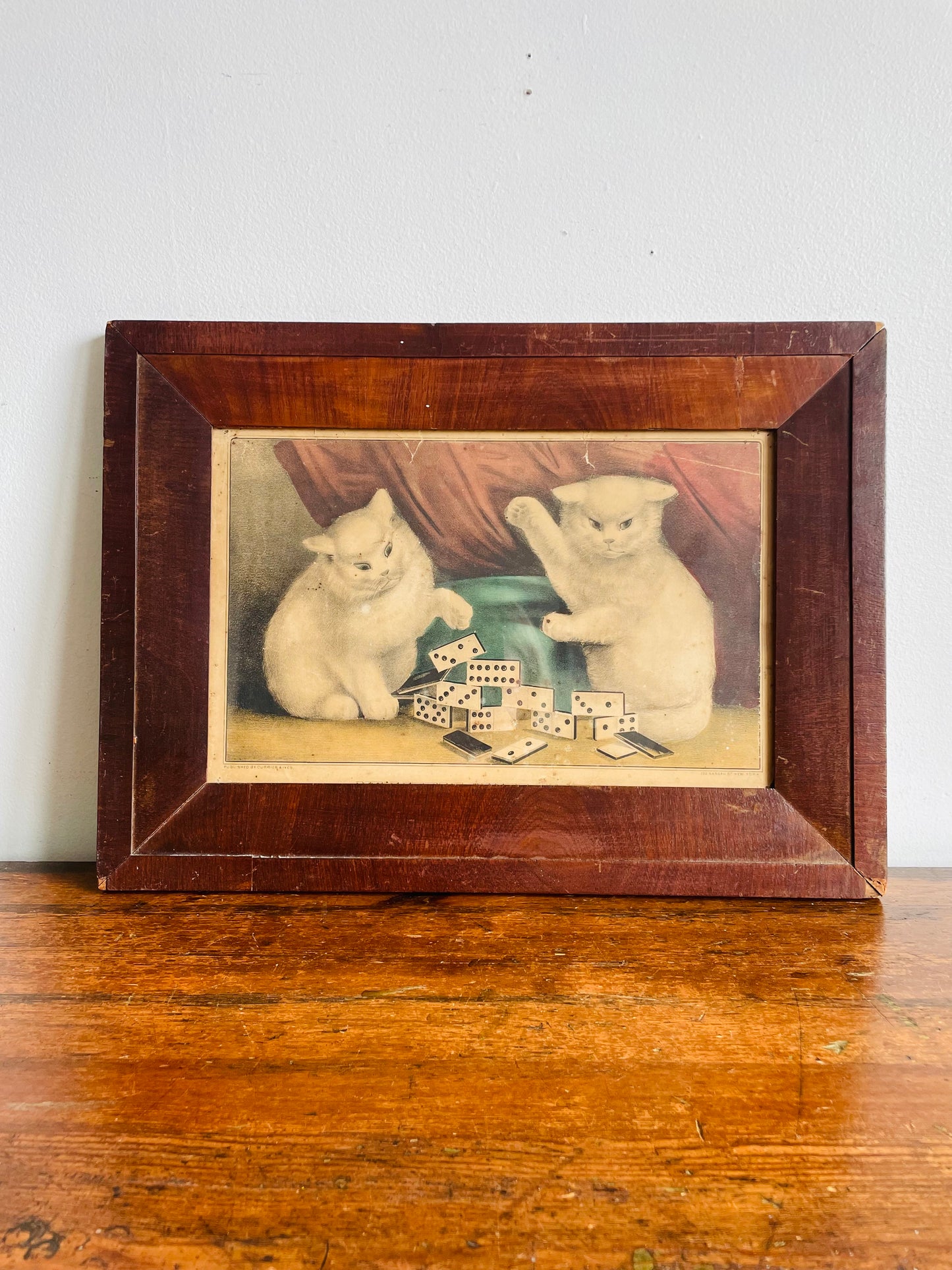Antique Print Picture of Naughty Cats Knocking Over Dominoes - Currier & Ives 'My Little White Kitties - Playing Dominoes'