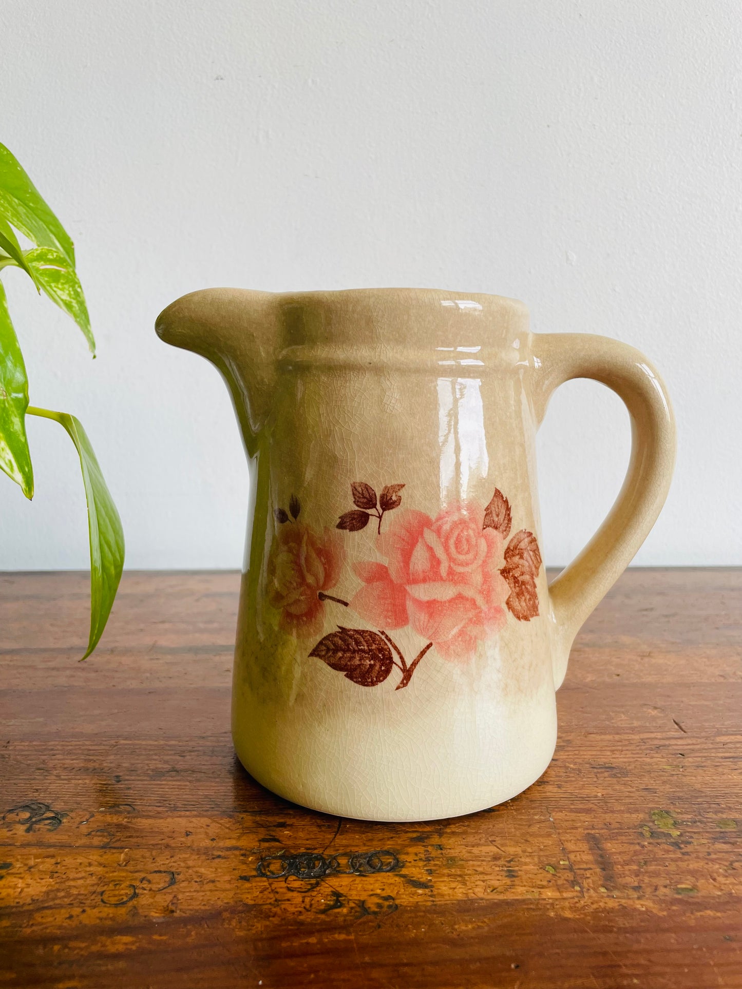 Farmhouse Stoneware Pitcher Jug Vase or Utensil Holder with Rose Design - Found in Dublin, Ireland
