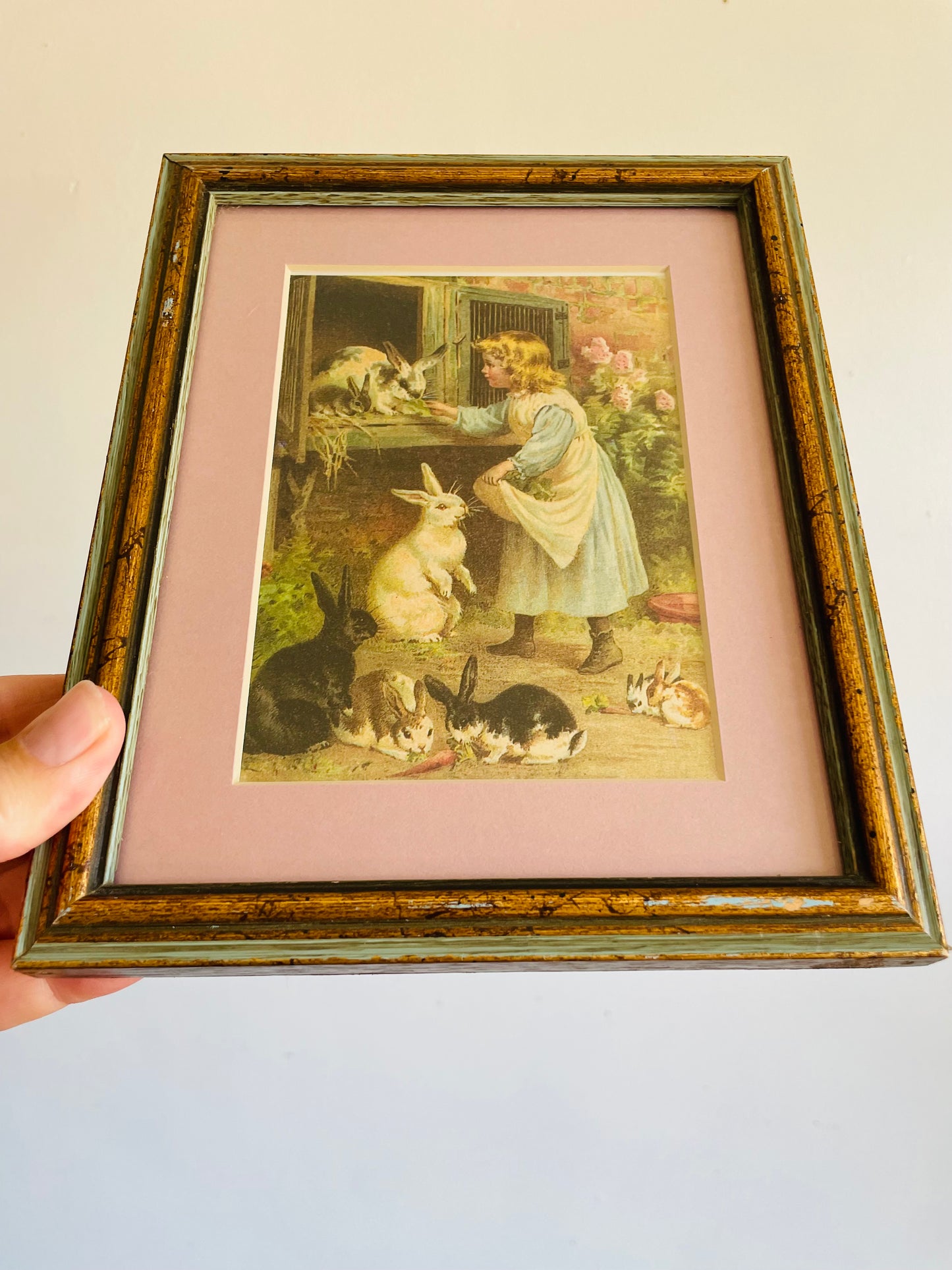 Vintage Print Picture of Little Girl Feeding Carrots to Rabbits - Adorable & Sweet!