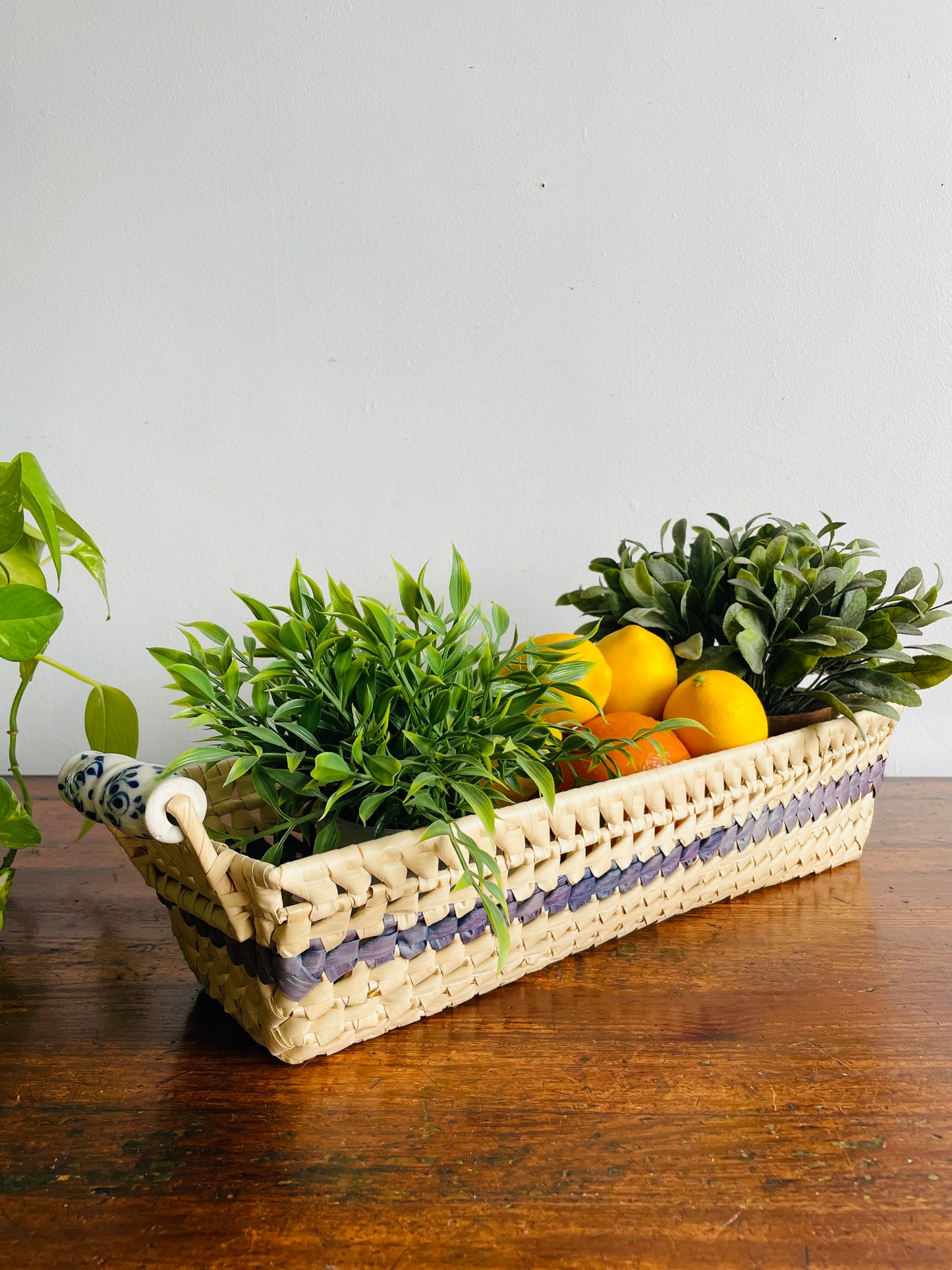 Light Woven Basket with Blue Stripe & Ceramic Handles