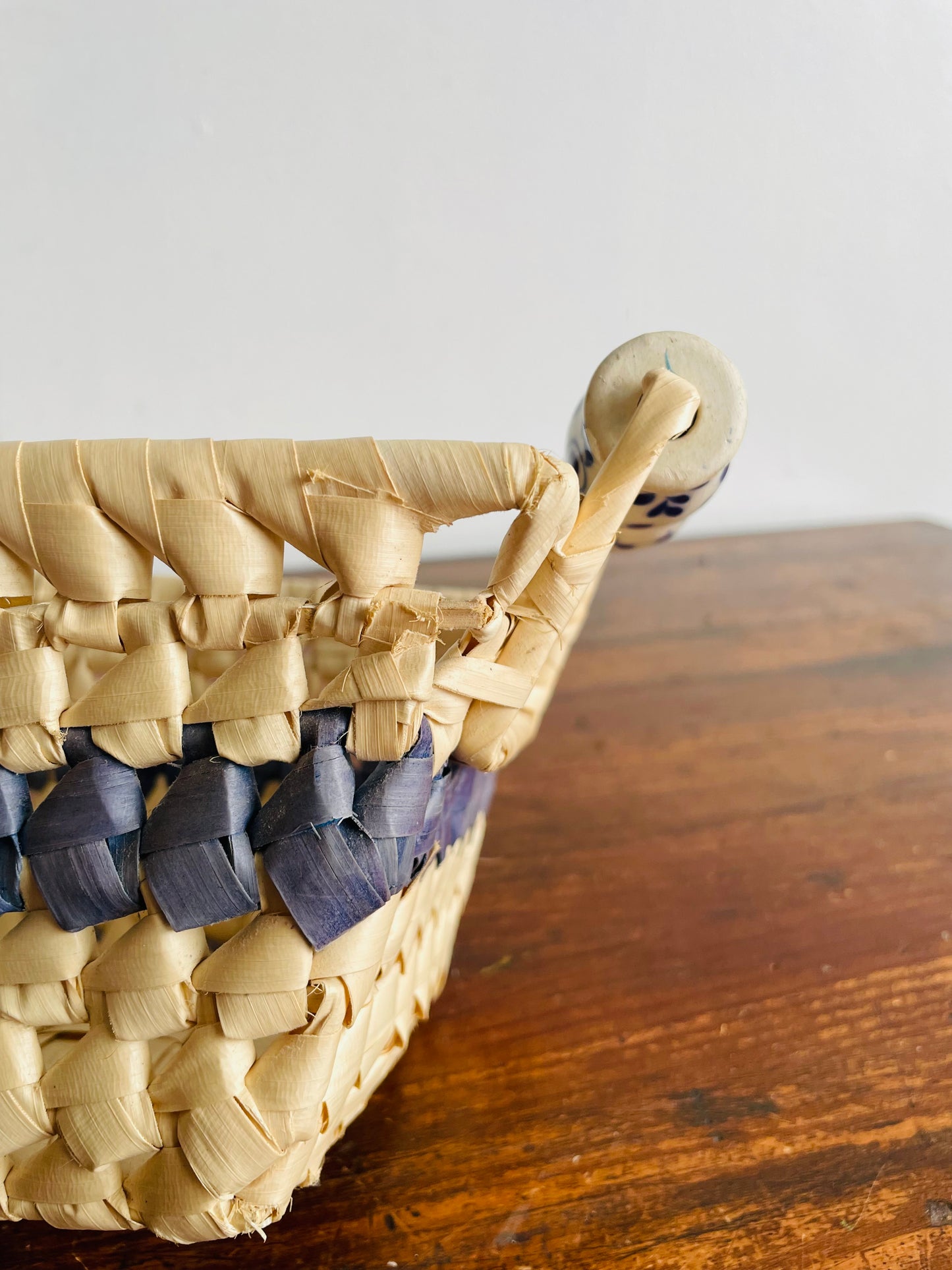 Light Woven Basket with Blue Stripe & Ceramic Handles