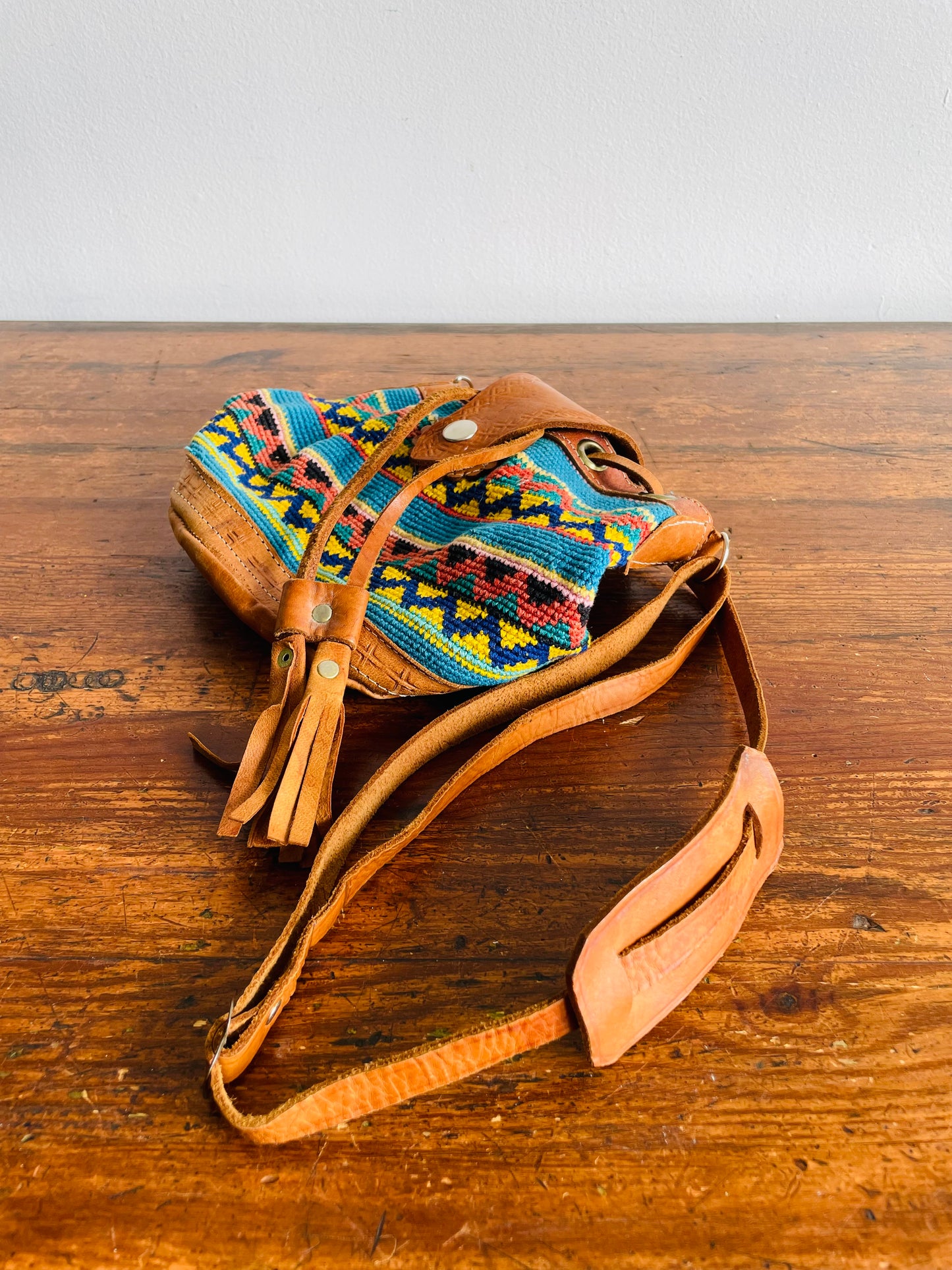 Tooled Leather & Brightly Woven Tapestry Fabric Purse