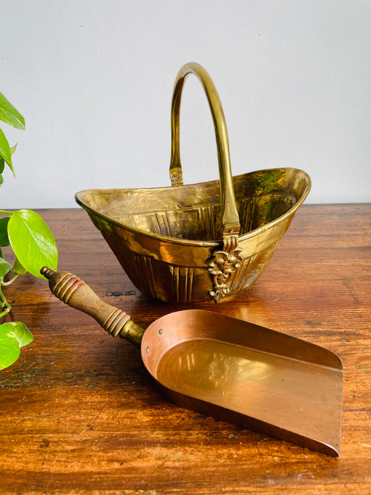Brass Coal Scuttle Bucket with Copper, Brass & Wood Scoop Shovel - Set of 2 Pieces
