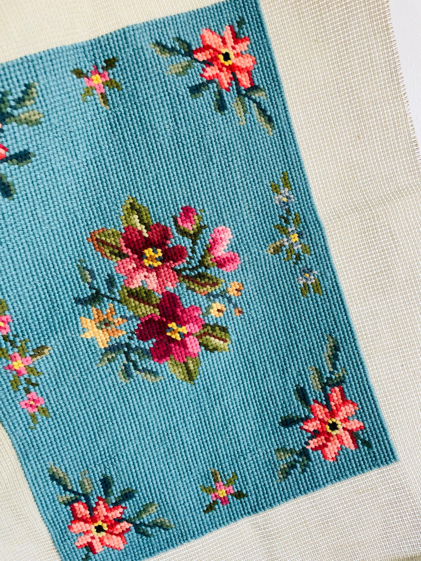 Blue Needlepoint Embroidery Panel of Flowers - J.S.B. & S. Made in Germany