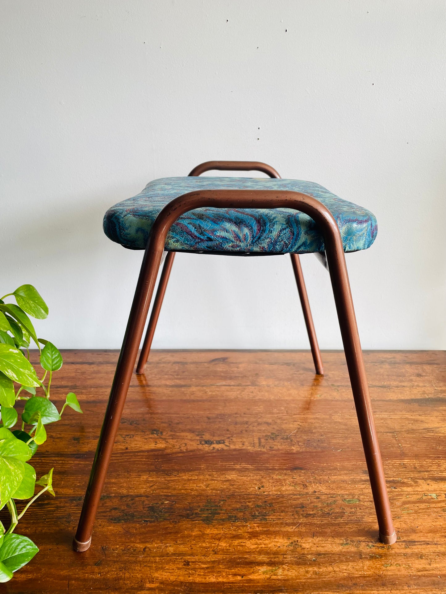 Vintage 1968 Perfect Chrome Furniture Co. Stackable Stool Chair with Vinyl Cushion - Blue Floral Pattern #2 - Made in Toronto