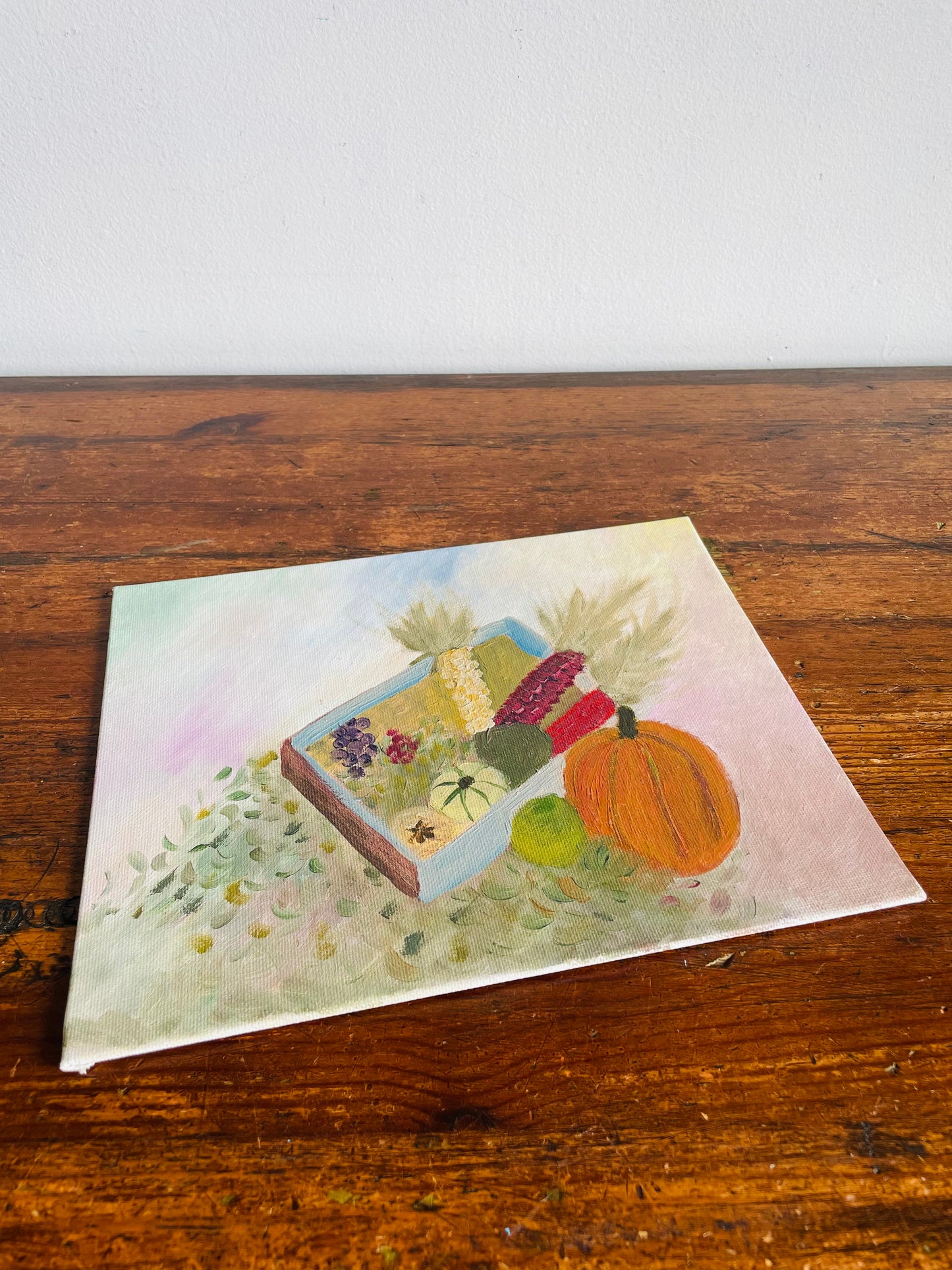 Vintage Original Art Painting of Fall Harvest Scene on Board with Pumpkins, Squash & Corn - 8" x 10"
