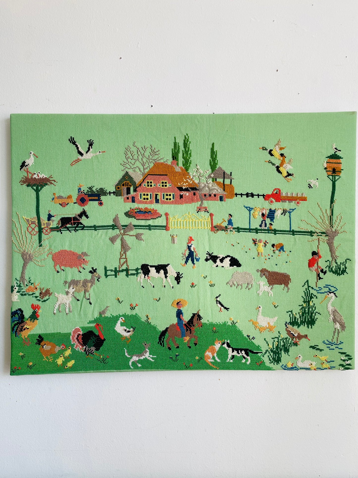 Vintage Absolutely Adorable Mies Bloch Dutch Farm Scene Needlepoint Embroidery Picture on Seafoam Green Background - 18" x 24"