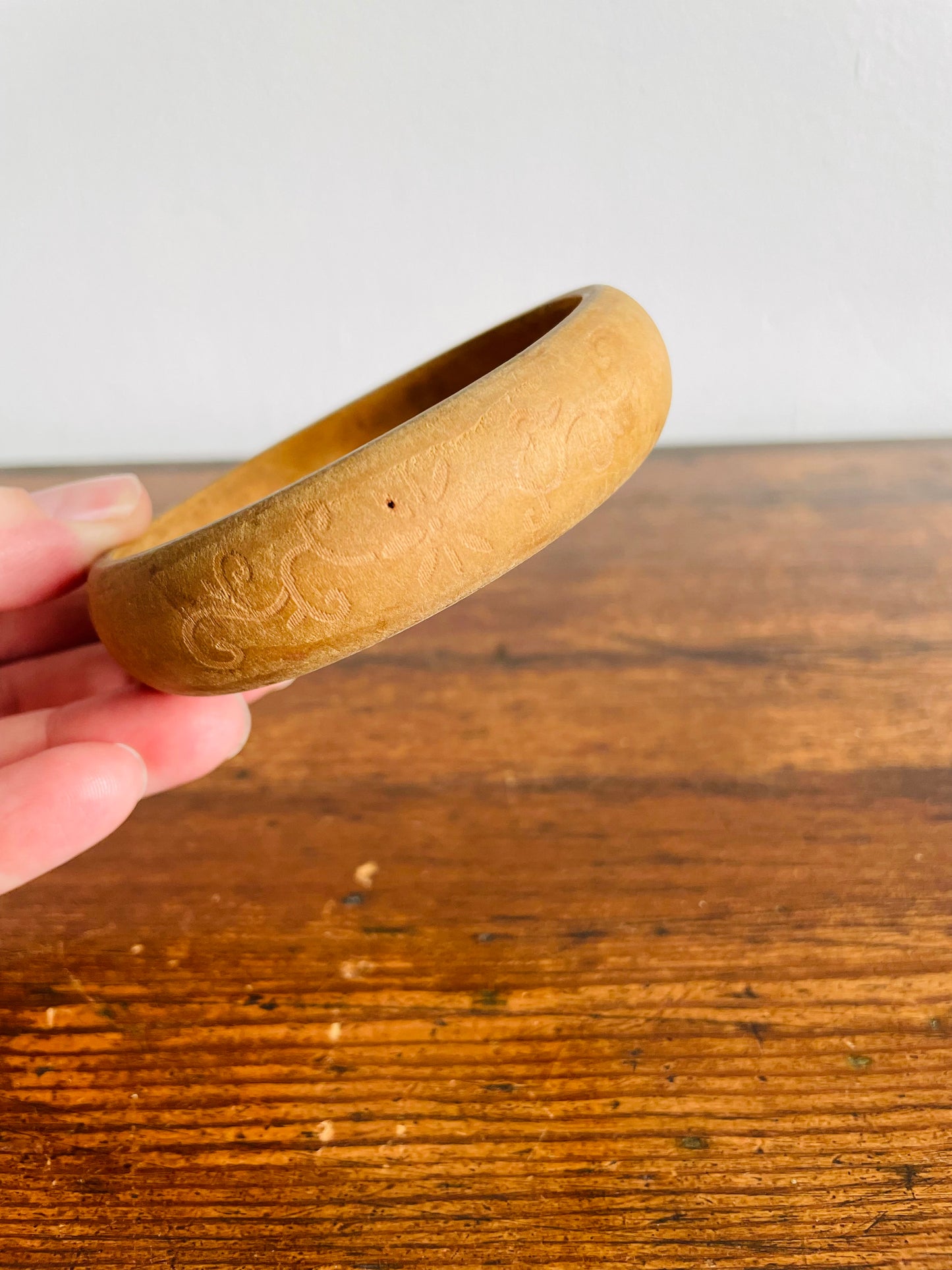 Solid Wood Bangle Bracelet with Etched Flower & Leaf Design