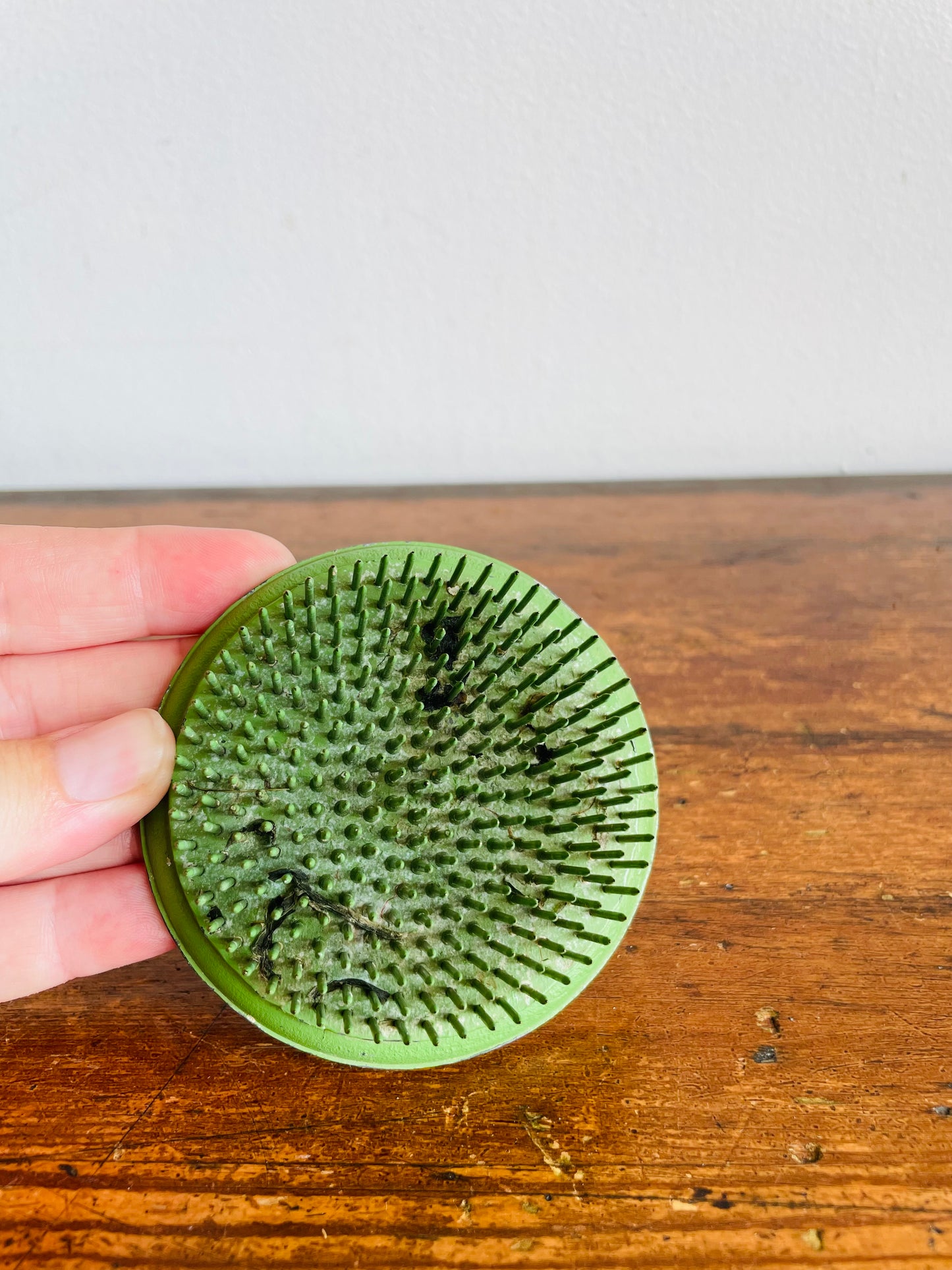 Round Green Metal Spiked Flower Frog - Ikebana Vase Style - Also Holds Pictures, Memos, Etc.