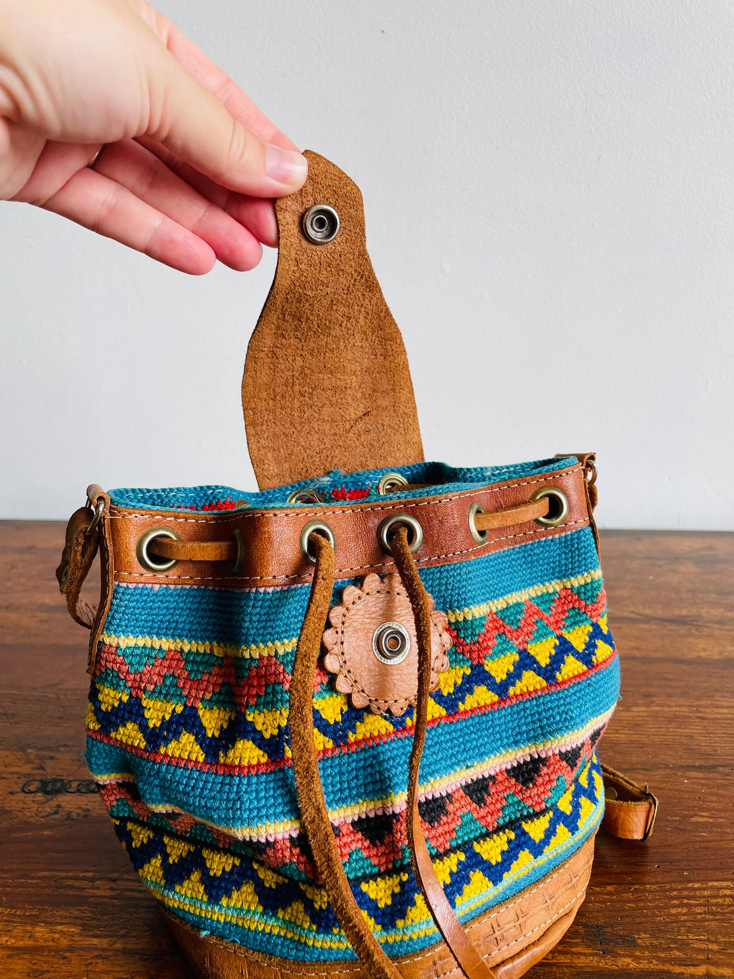 Tooled Leather & Brightly Woven Tapestry Fabric Purse