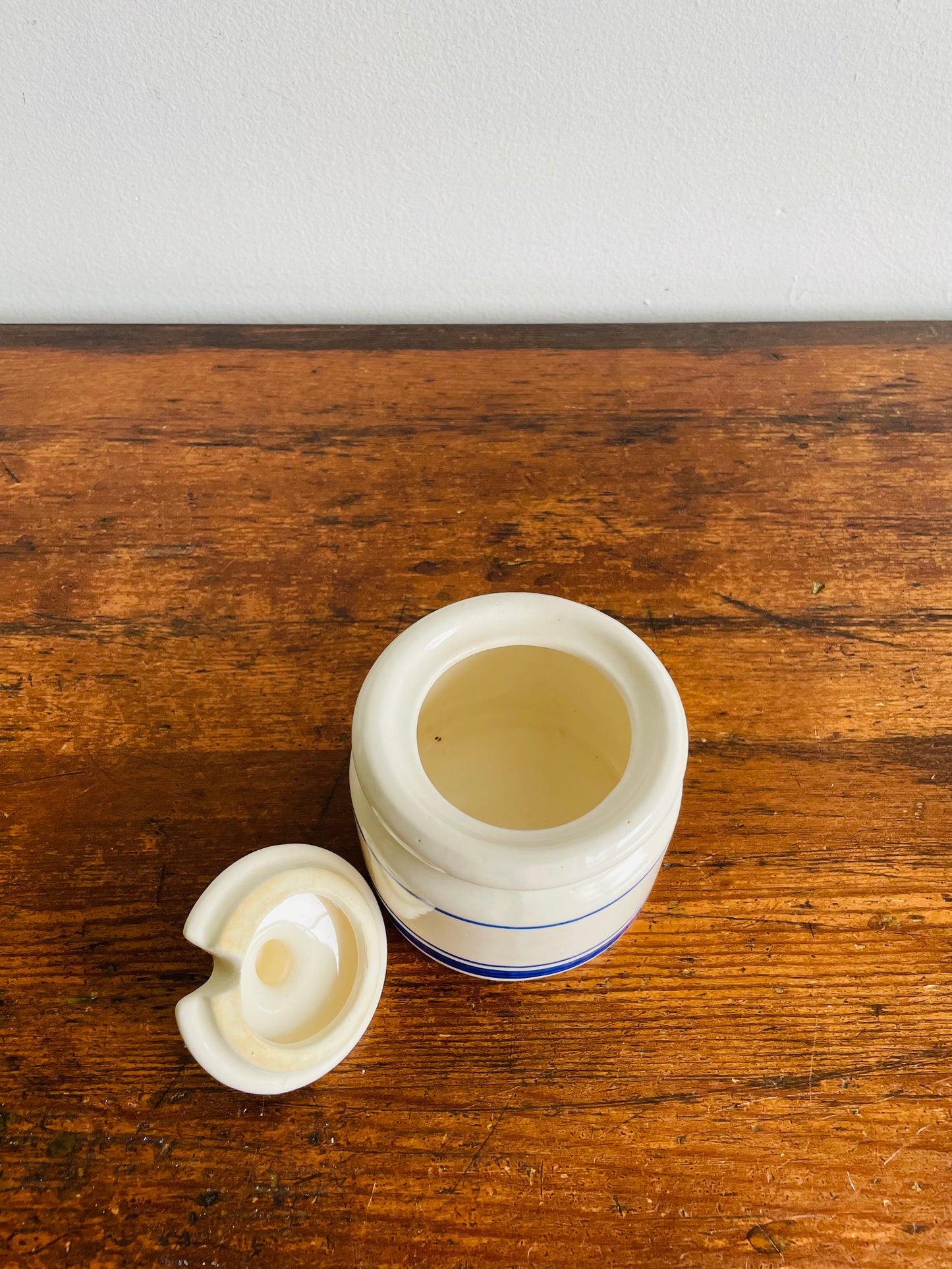 White & Blue Striped Sugar or Jam Crock Jar