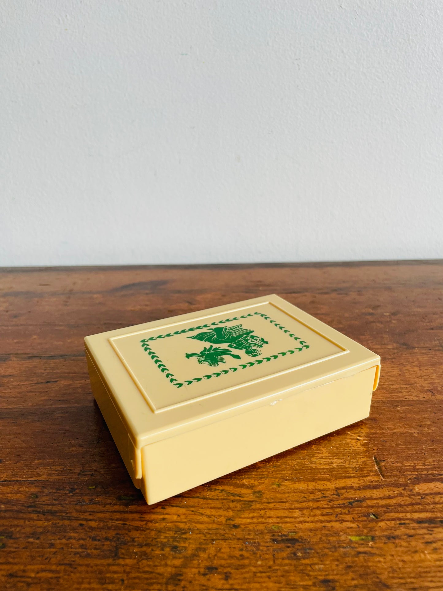 Celluloid Trinket Box with Hinged Lid & Green Grecian Design