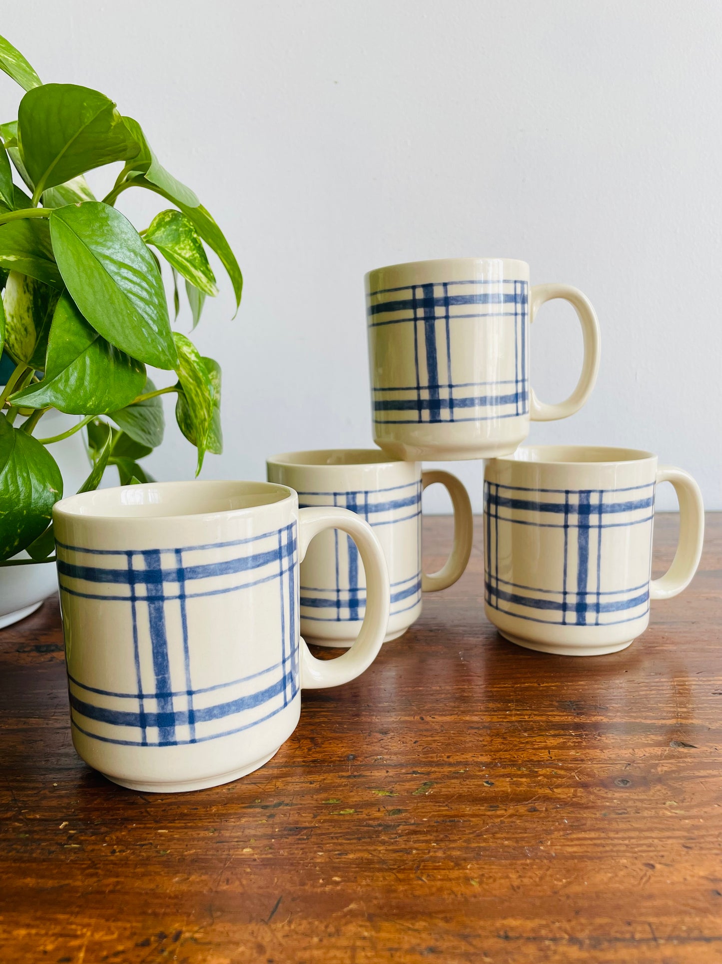 Eaton Home Blue Checkered Tartan Pattern Mugs - Set of 4 - # 1