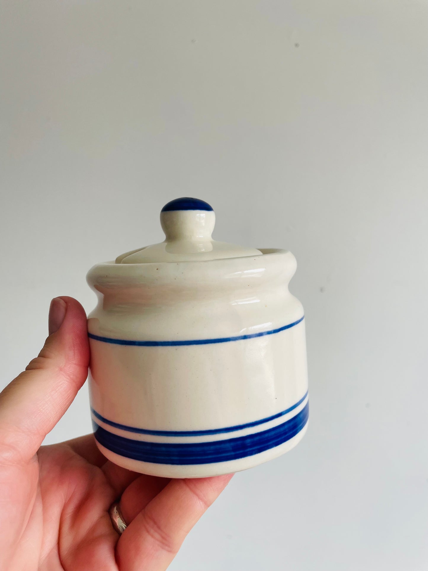 White & Blue Striped Sugar or Jam Crock Jar