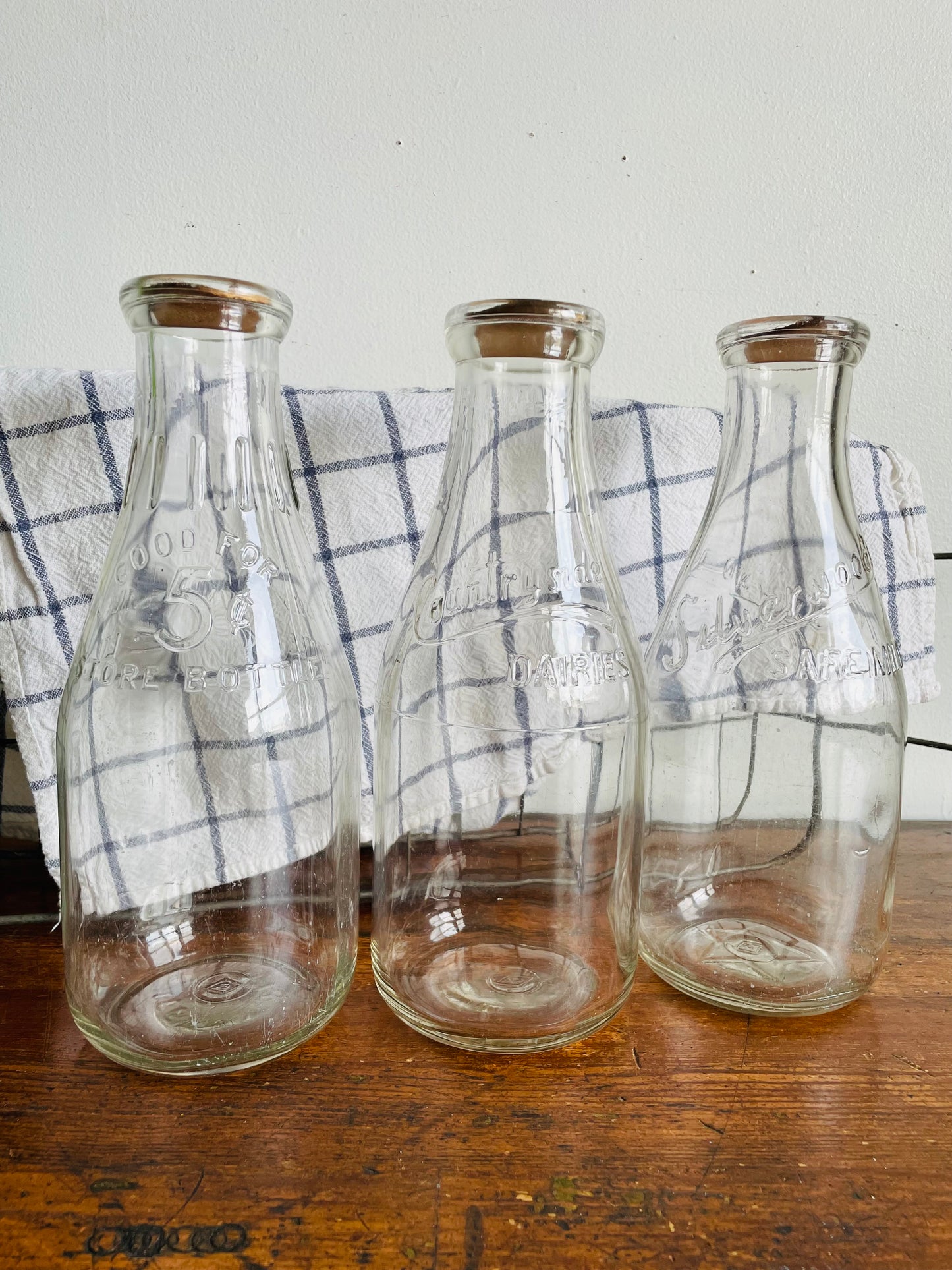 Vintage Metal Milk Bottle Caddy Carrier with Handles & Three Glass Milk Bottles with Cardboard Bottle Caps