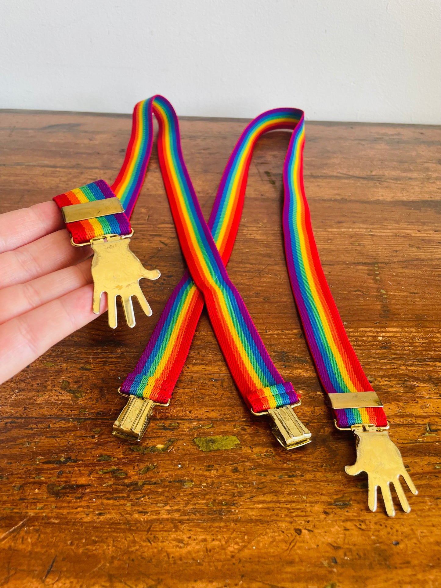 Rainbow Striped Clip-On Suspenders with Brass Hand Shaped Buckles