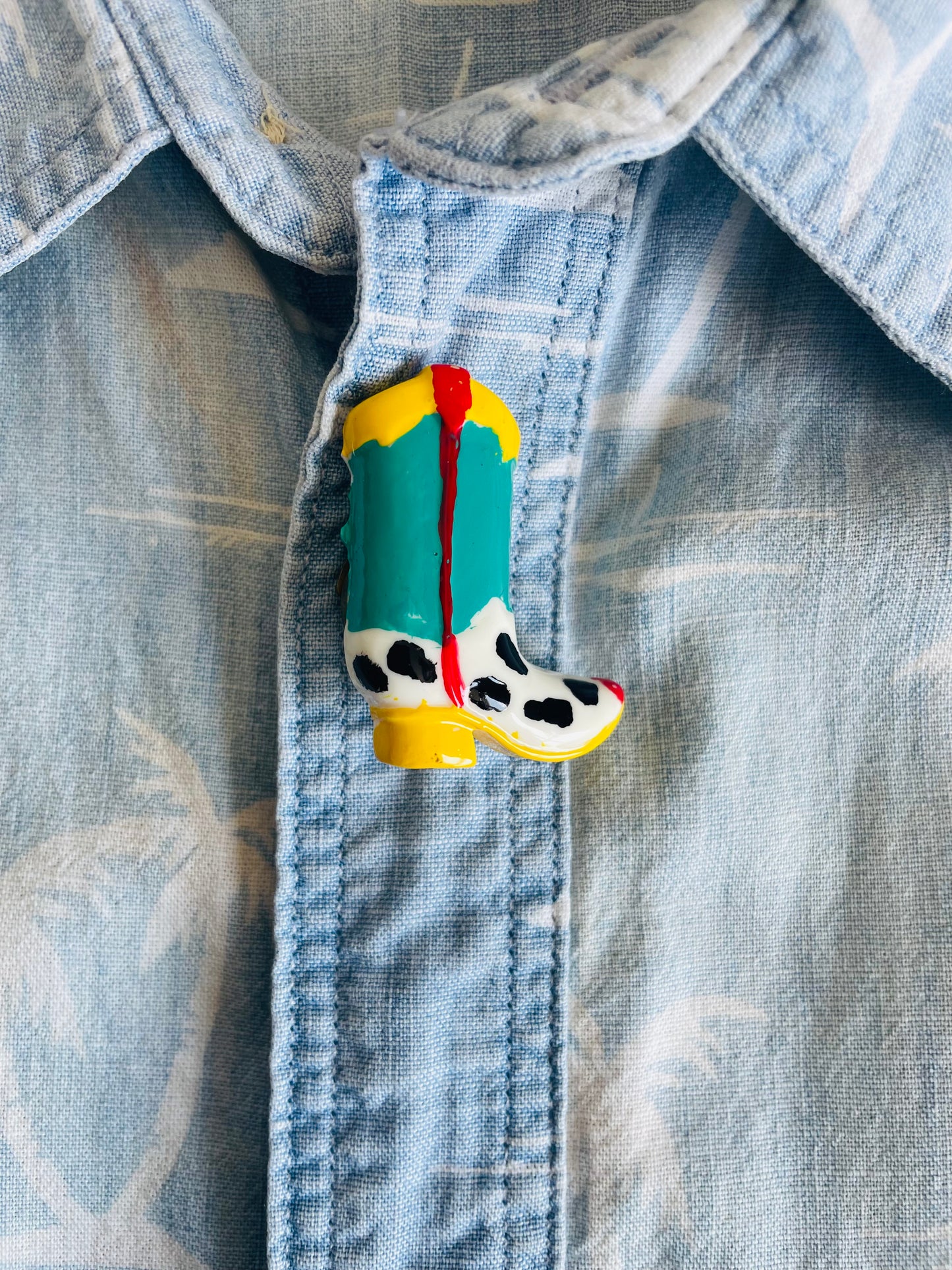 Cowboy Boot Button Cover - Yellow & Turquoise - Clip Over Your Button to Add Some Flair!