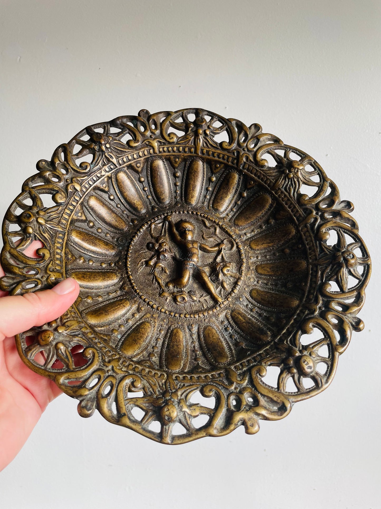 Vintage Heavy Brass Pedestal Bowl with Cherub - Ornate Scroll Filigree Design - Italian Style