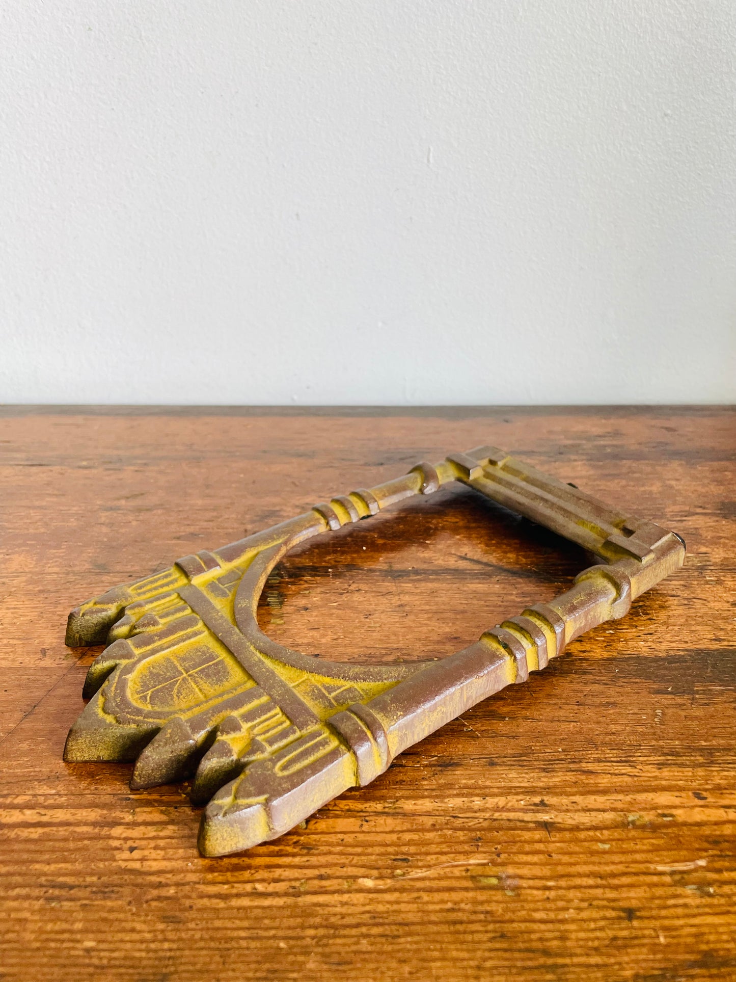 Vintage Solid & Heavy Cast Iron Arched Window Castle Shaped Picture Frame - 3" x 4.75" Photo Size