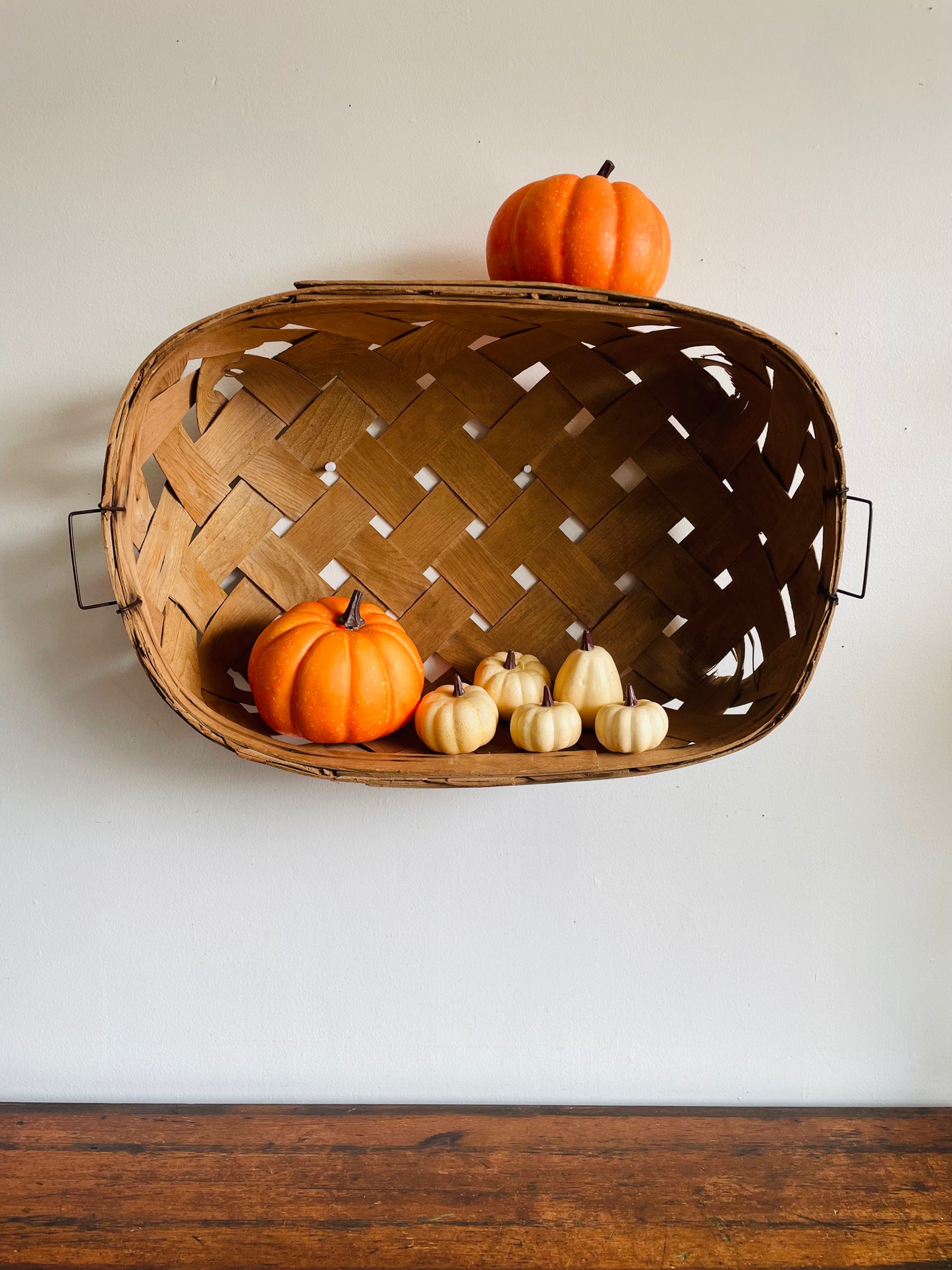 Vintage Oval Woven Wood Wide Slat Basket with Metal Handles - Great Storage & Can Hang Too!