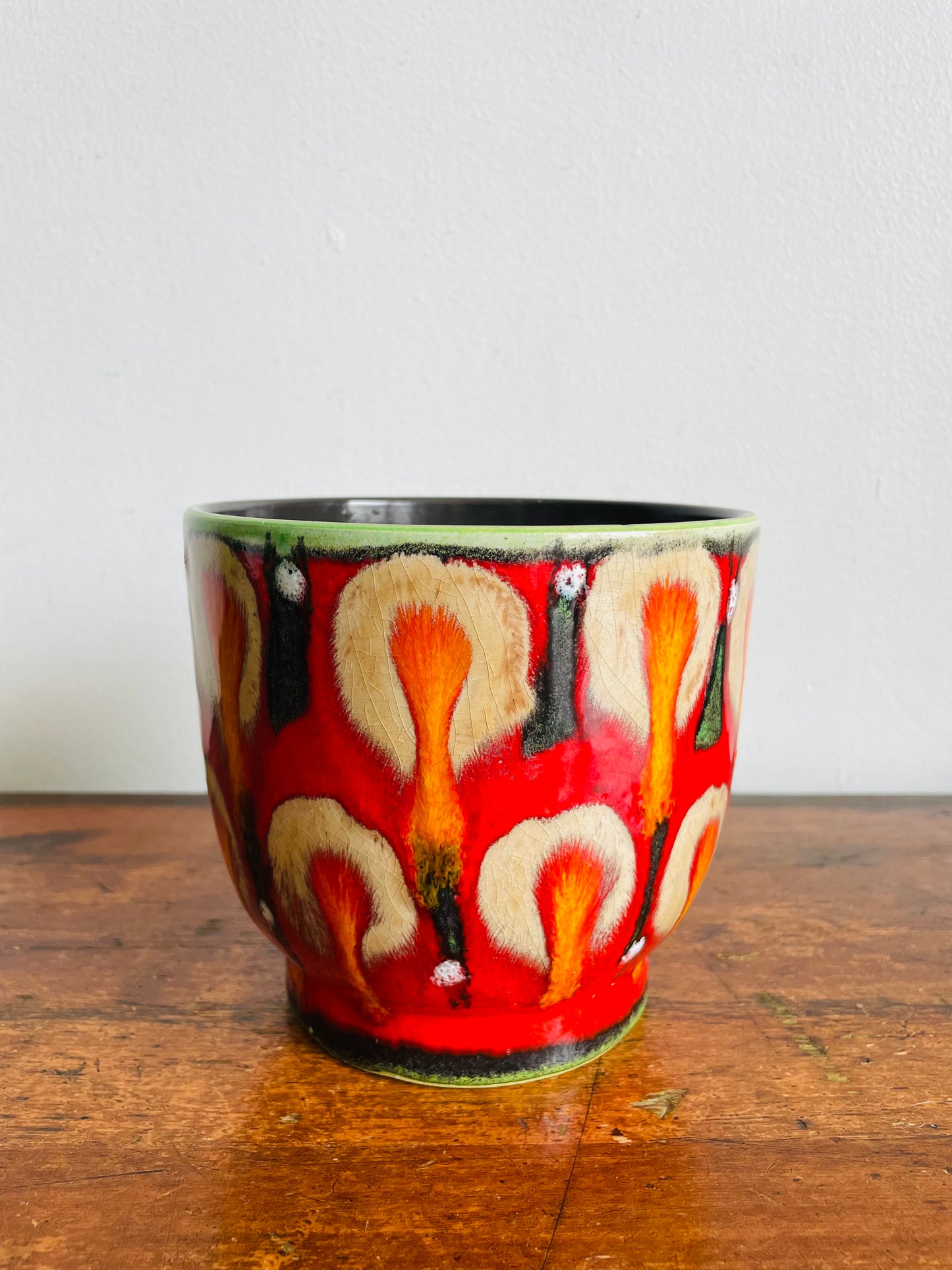 Vintage Bright Red 5" Planter Pot with Orange & Brown Drippy Design