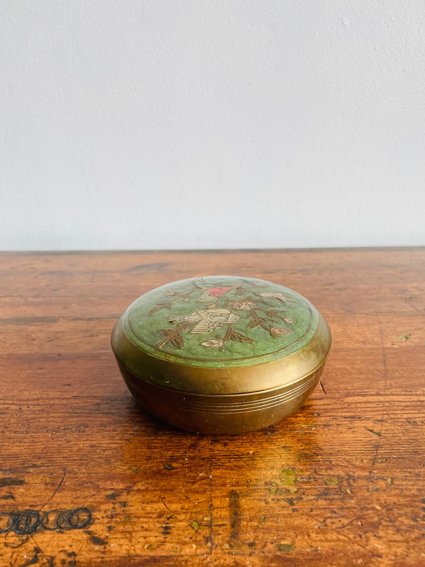 Round Solid Brass Trinket Jewellery Box with Enamelled Lid & Bird Design - Made in India