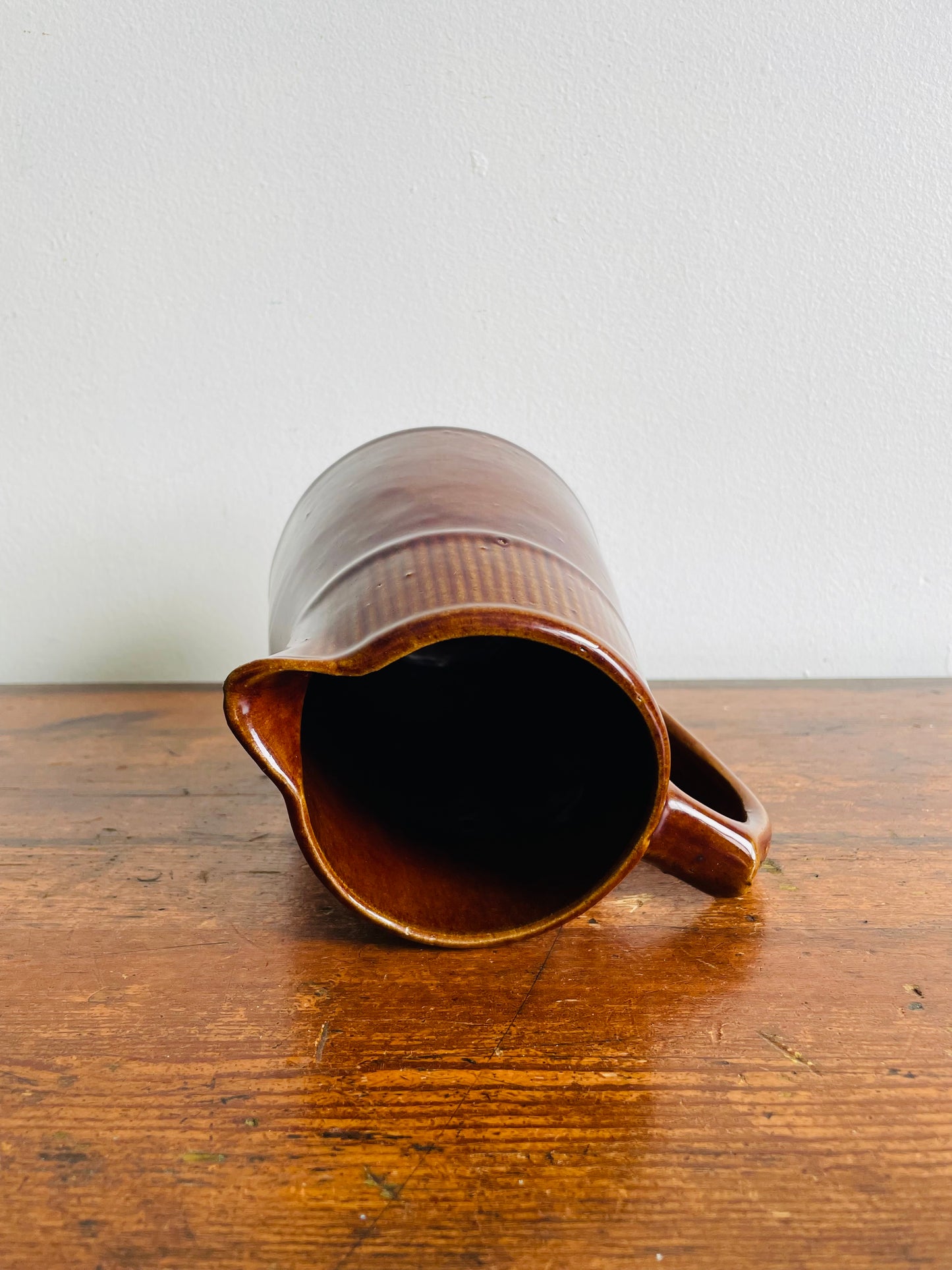 Brown Ribbed Pitcher Jug Vase with Handle