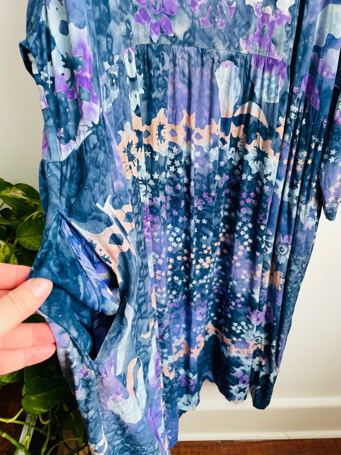 100% Rayon Maxi Dress with Pockets & Batik-Style Celestial Design - Made in Indonesia - Fits up to Size 4x