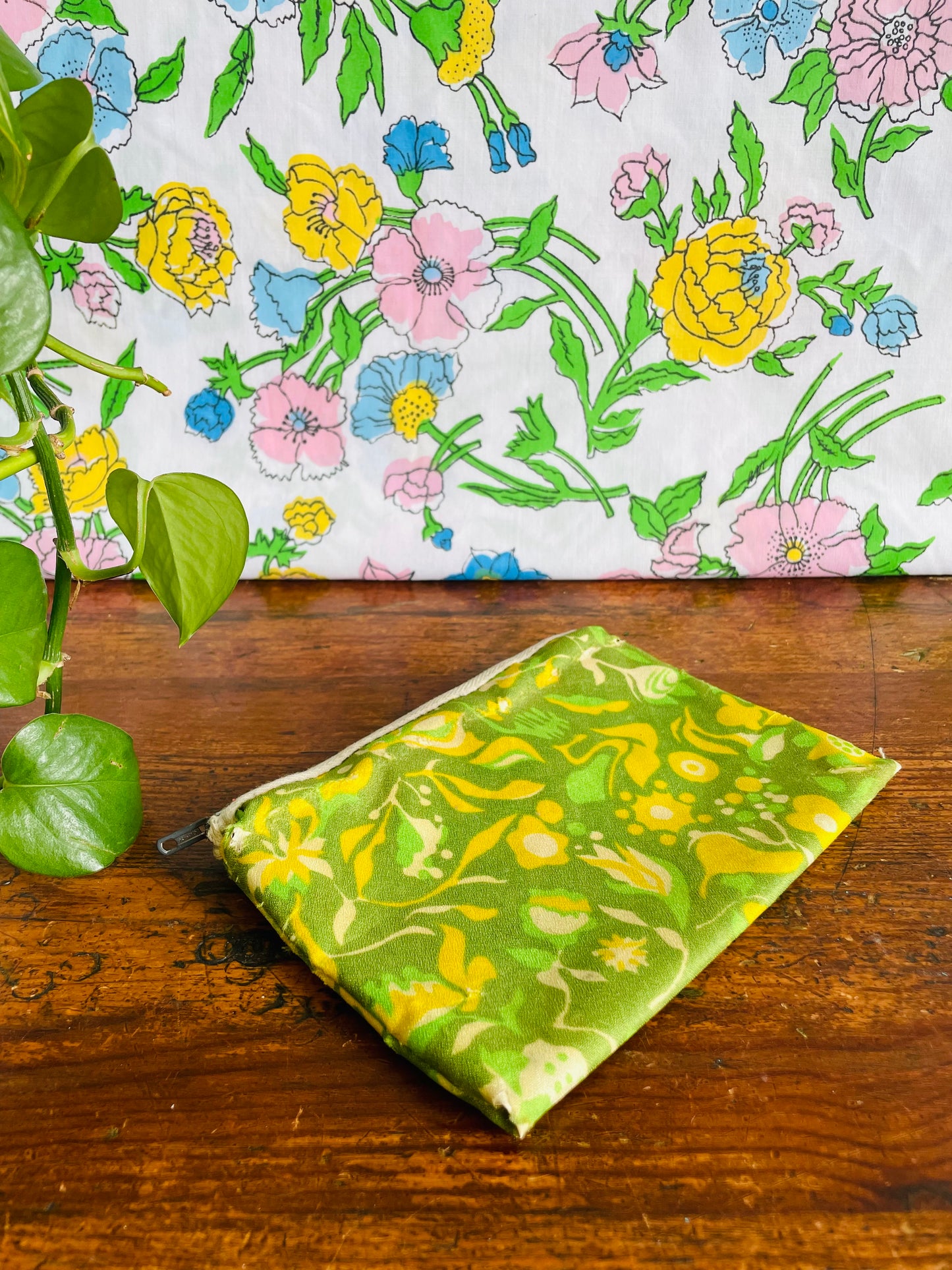 Groovy Zippered Pouch with Green & Lime Flower Design - As-Is