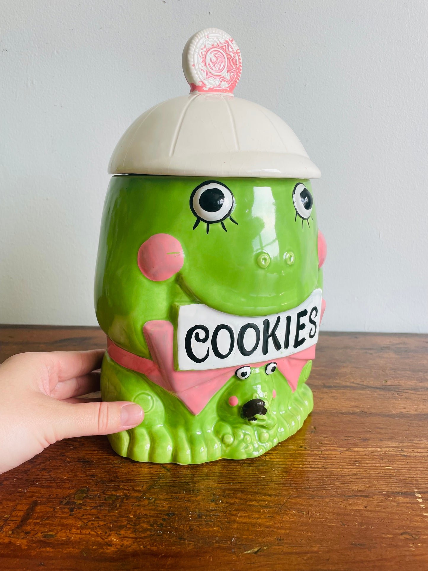 Adorable Bright Green & Pink Frog Cookie Jar - Made in Japan