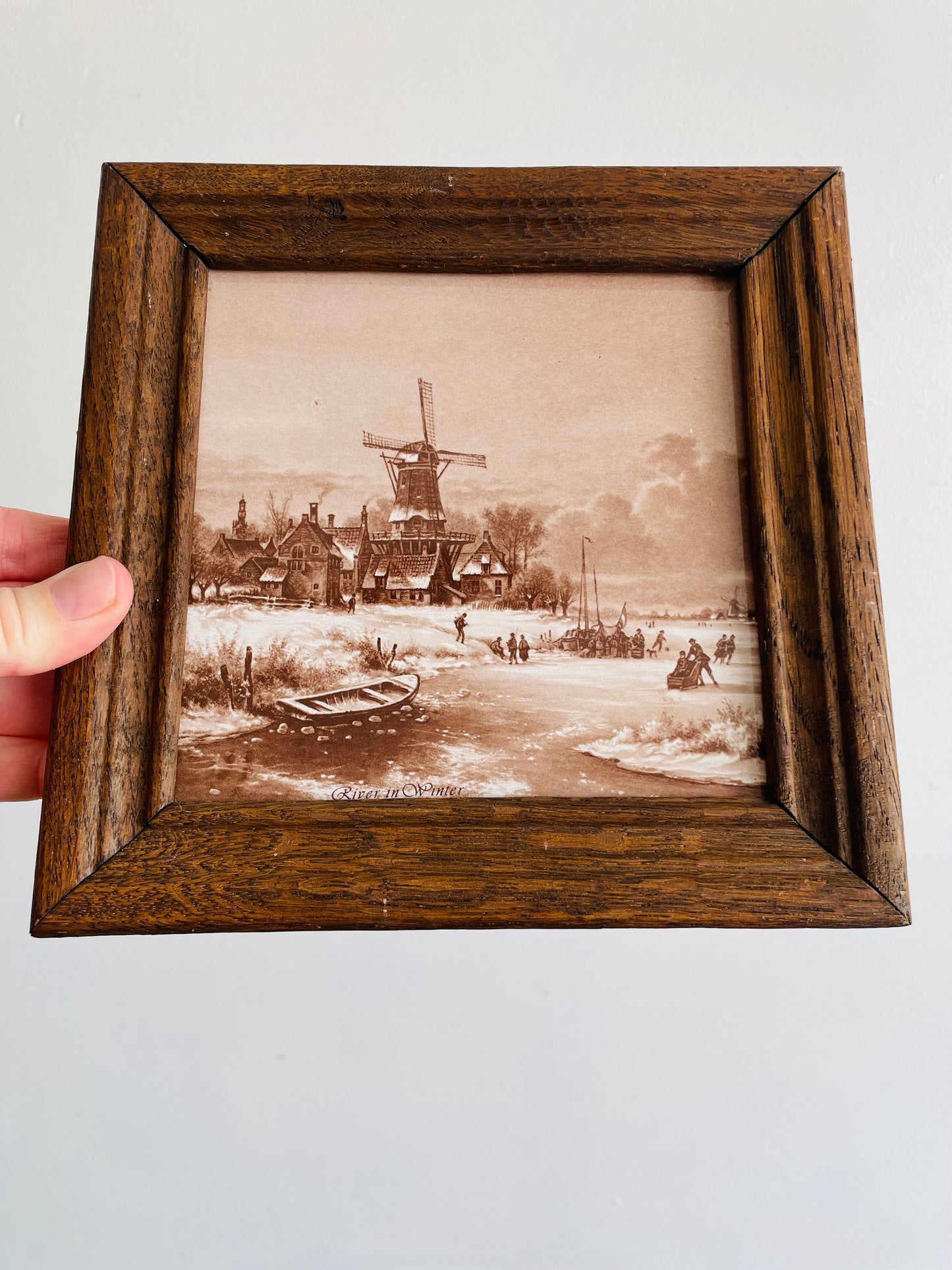 Framed Mosa Tile with Sepia Toned Village Scene - River in Winter - Made in Holland